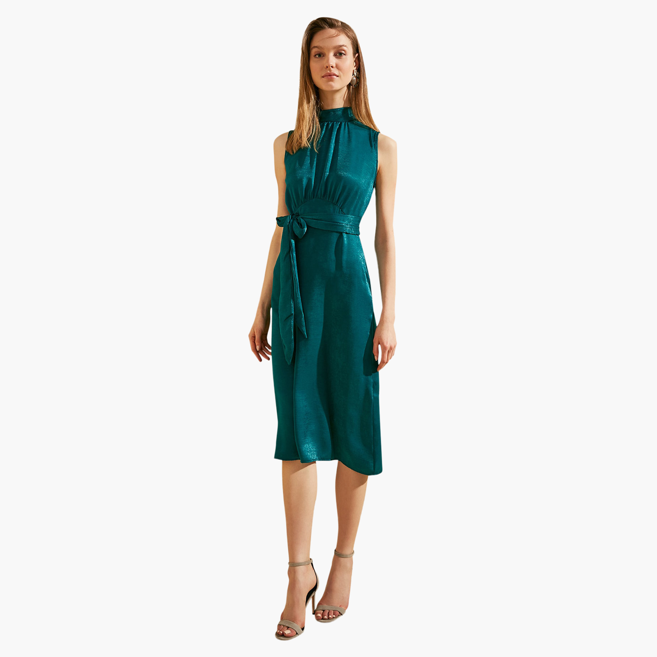 فستان ميدي واسع بدون أكمام وبياقة طوق وأربطة على الخصر من ترينديول-women-clothing-dresses-image-6