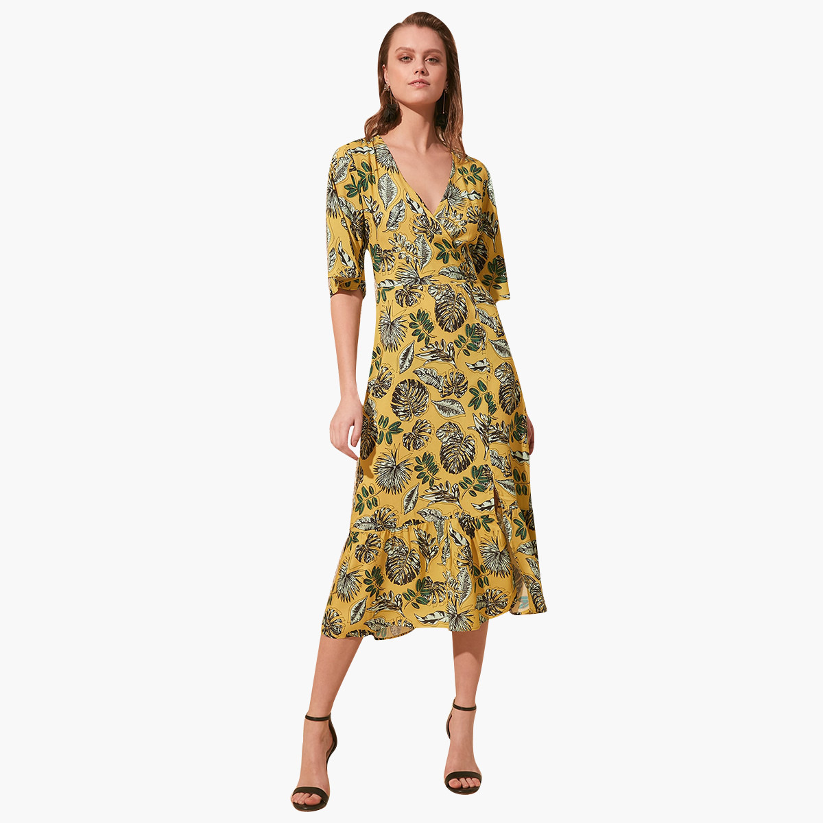 Trendyol Floral Print Midi A-line Dress with V-neck and Flared Sleeves-women-clothing-dresses-image-1