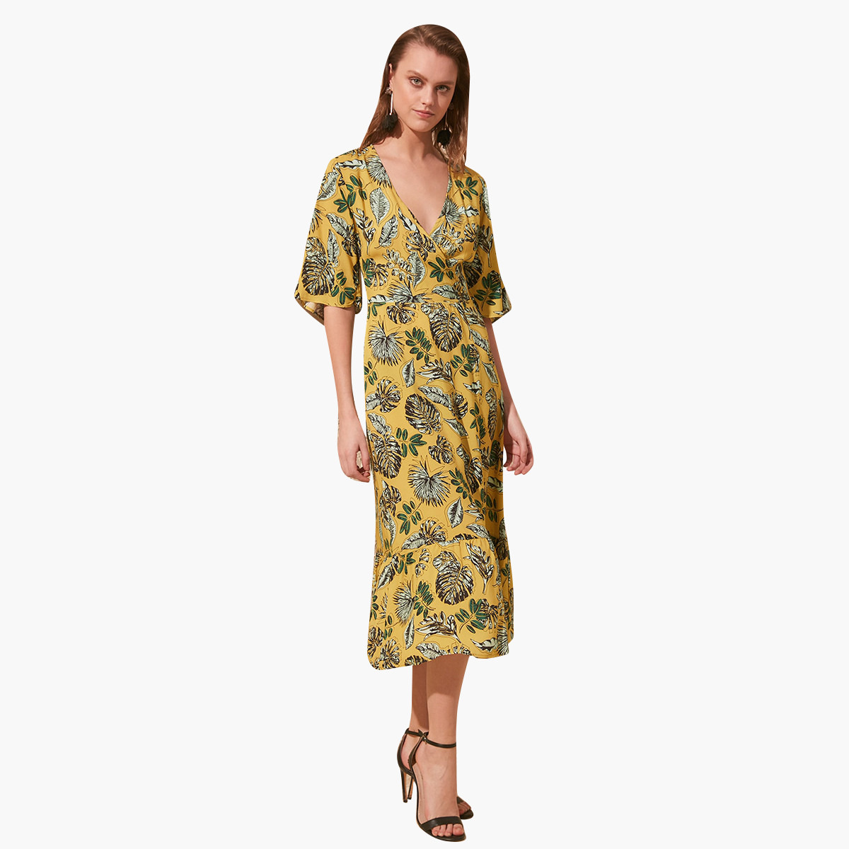 Trendyol Floral Print Midi A-line Dress with V-neck and Flared Sleeves-women-clothing-dresses-image-2