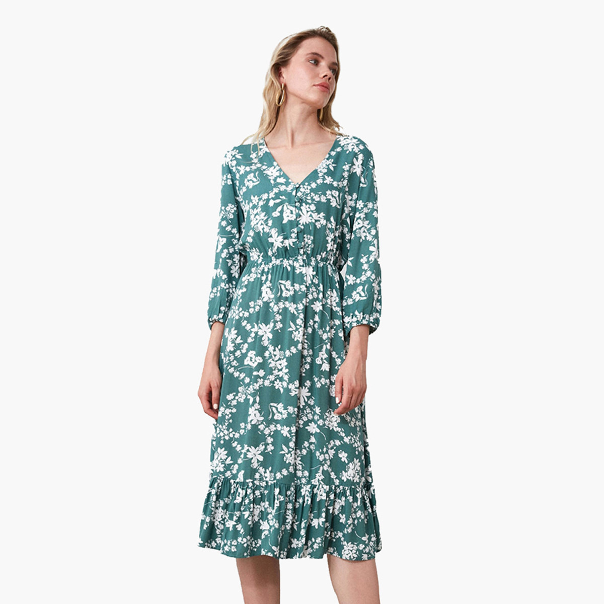 فستان ميدي إيه لاين بطبعات أزهار وياقة v وأكمام طويلة من ترينديول-women-clothing-dresses-image-1