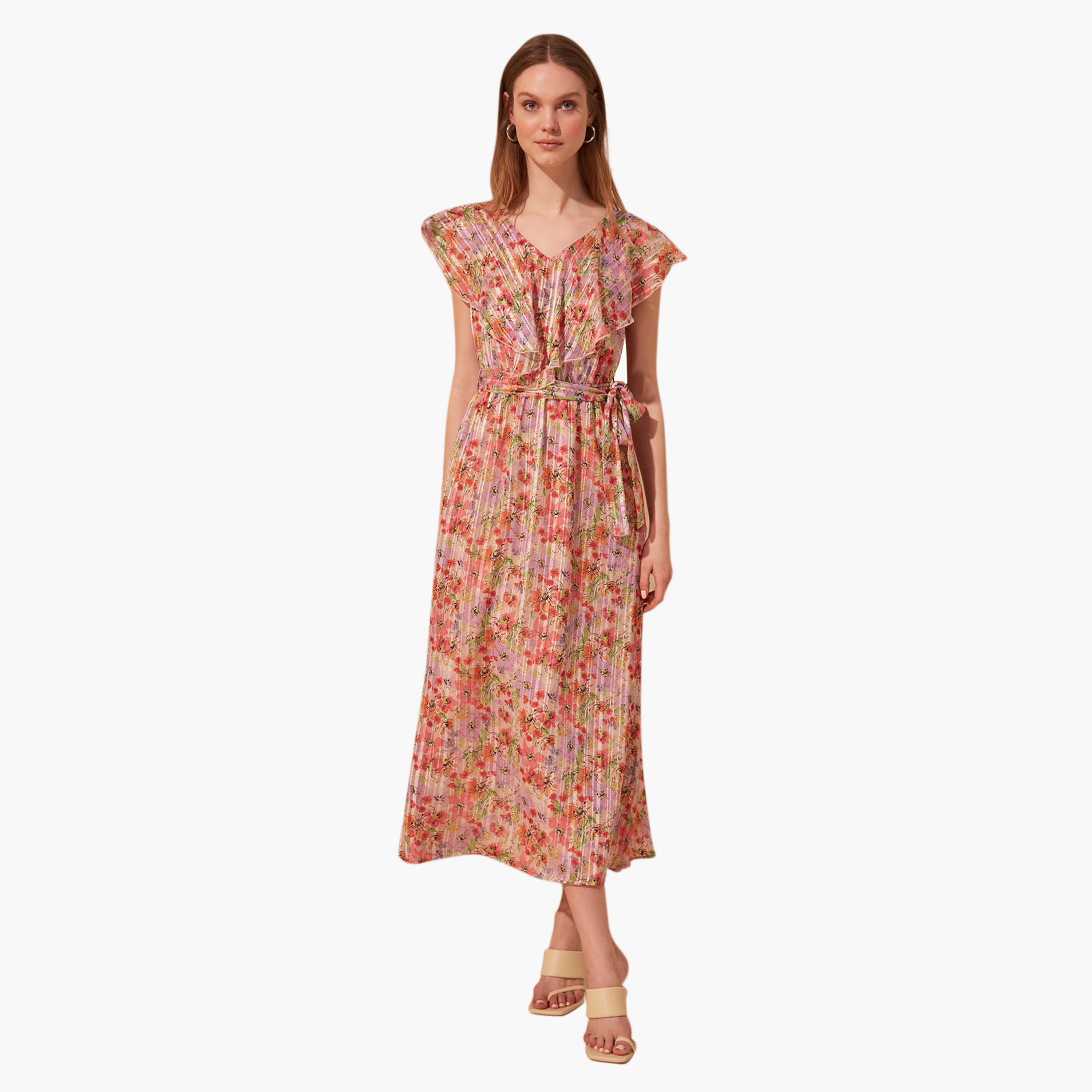 فستان ميدي إيه لاين بطبعات أزهار وأكمام كاب من ترينديول-women-clothing-dresses-image-1