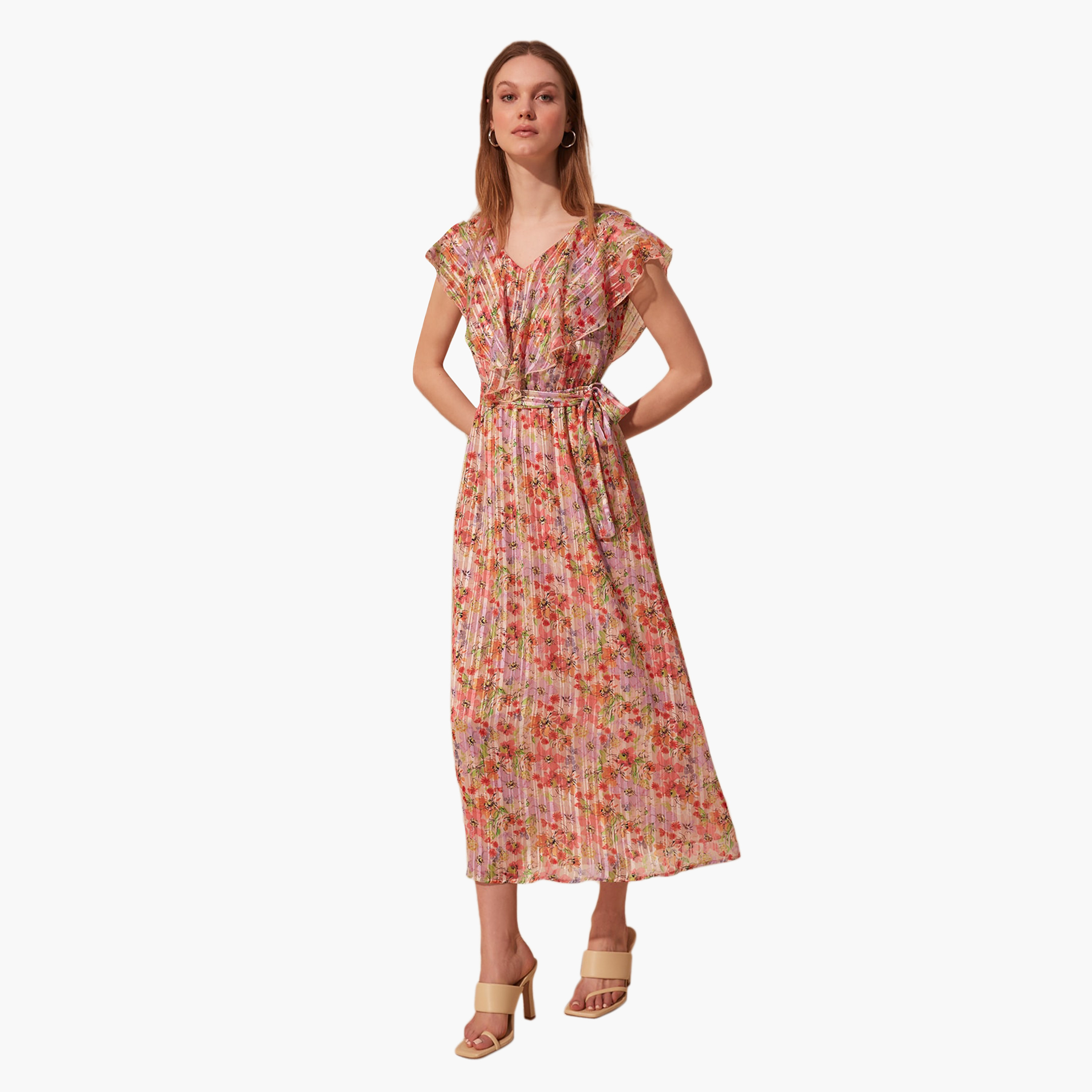 فستان ميدي إيه لاين بطبعات أزهار وأكمام كاب من ترينديول-women-clothing-dresses-image-2