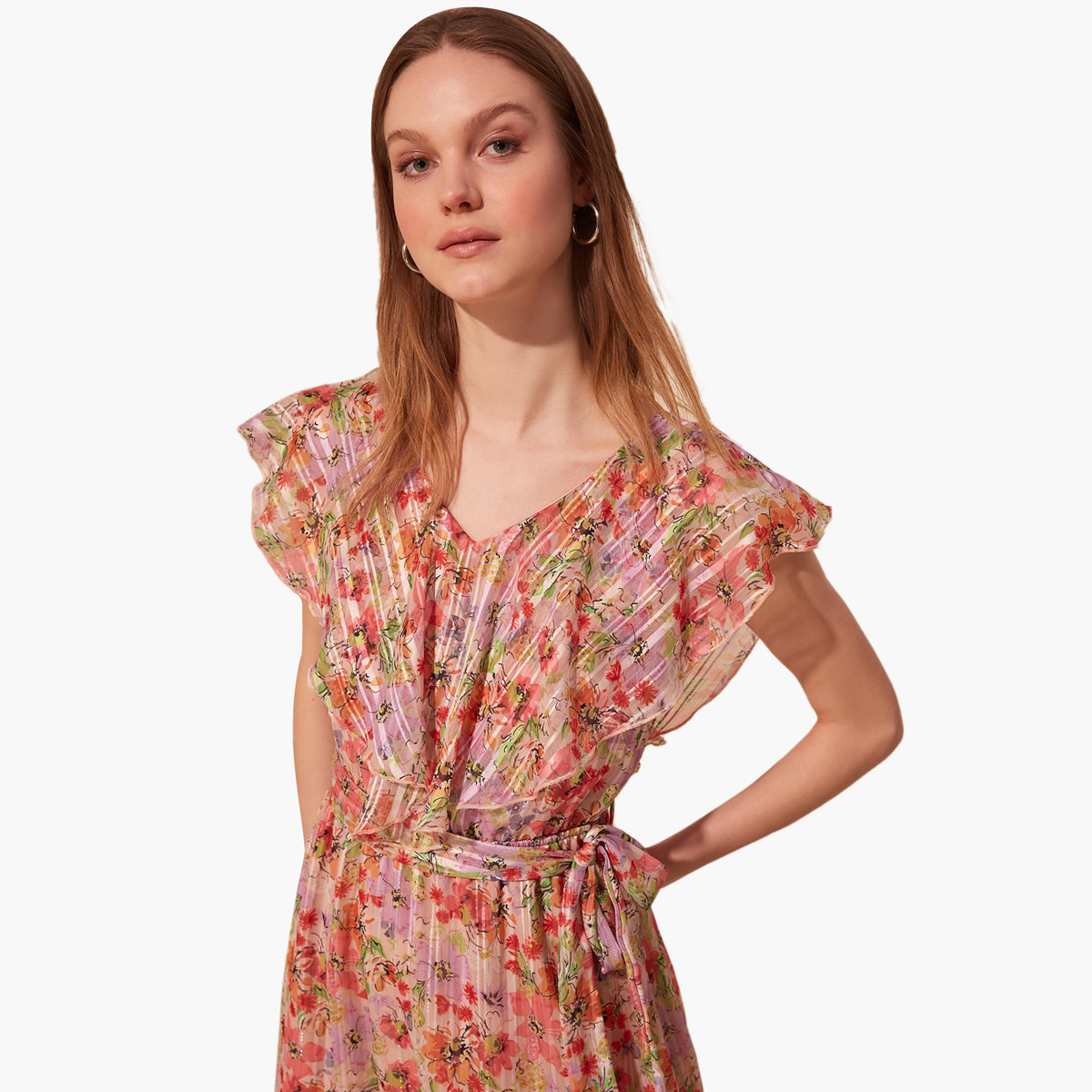 فستان ميدي إيه لاين بطبعات أزهار وأكمام كاب من ترينديول-women-clothing-dresses-image-3