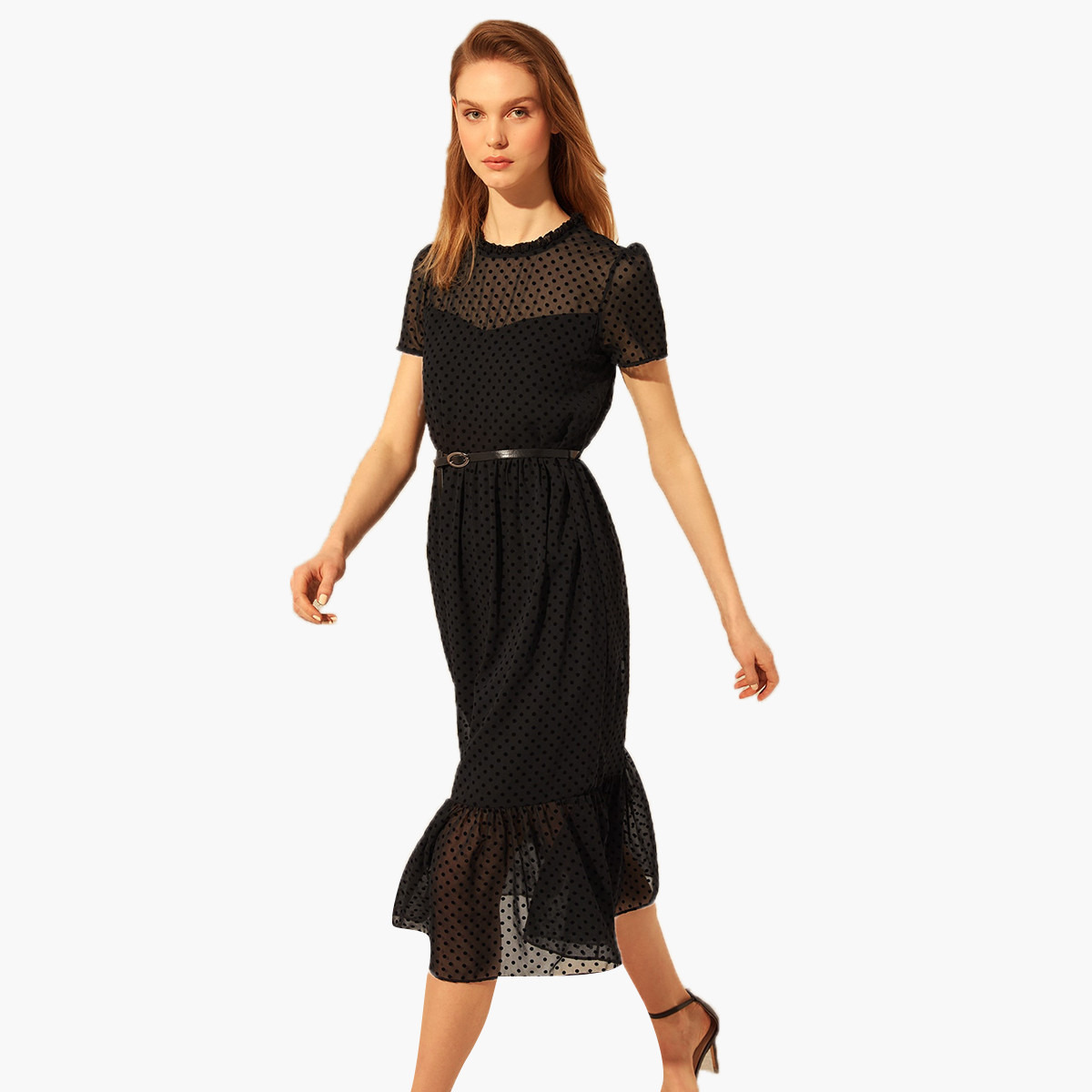 Trendyol Polka Dot Print Midi Dress with Ruffle Neck-women-clothing-dresses-image-1
