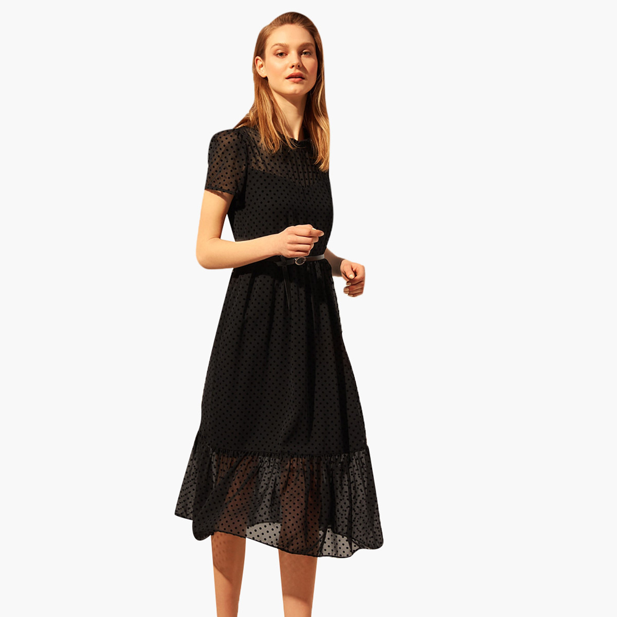فستان ميدي منقط برقبة كشكش من ترينديول-women-clothing-dresses-image-2