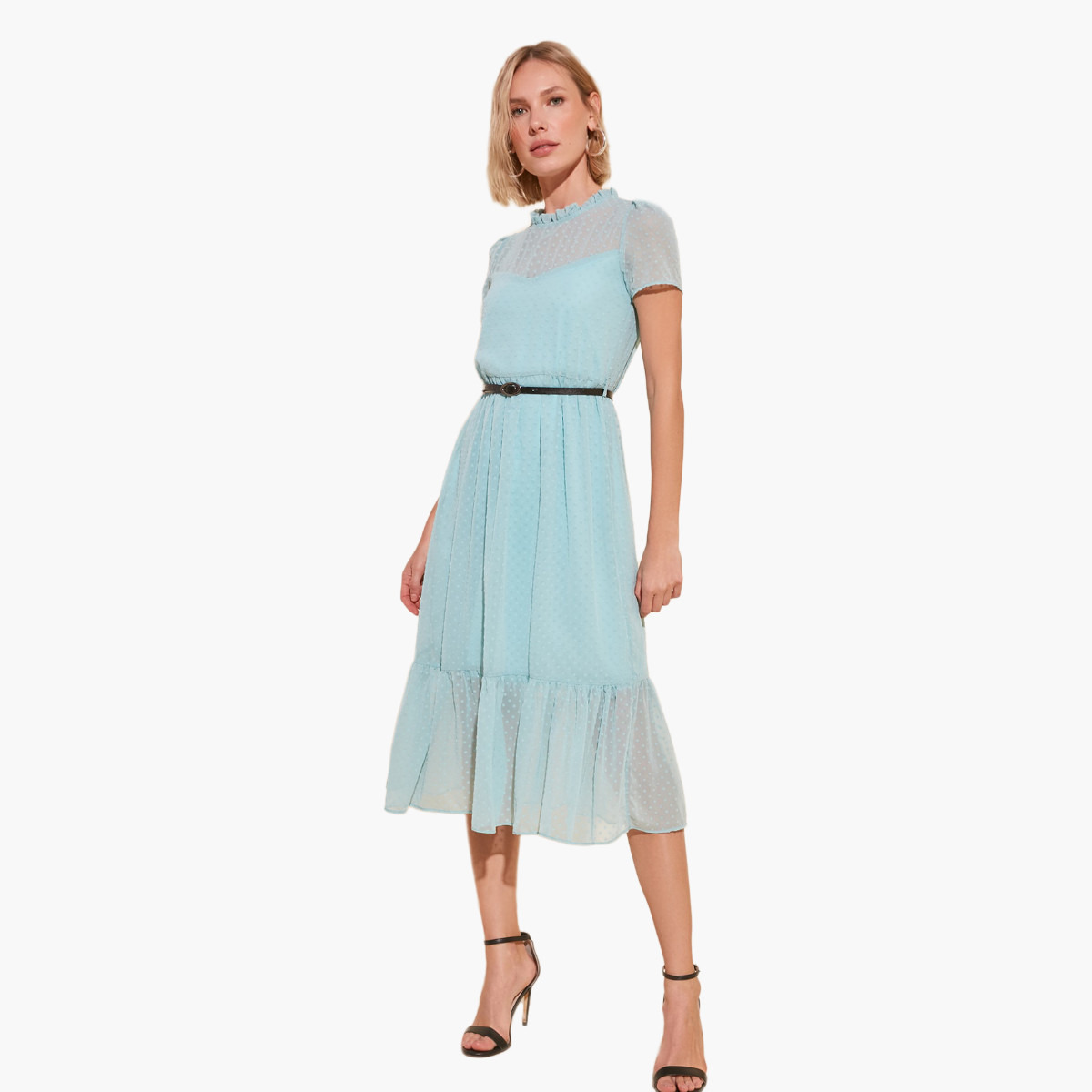 فستان ميدي منقط برقبة كشكش من ترينديول-women-clothing-dresses-image-6