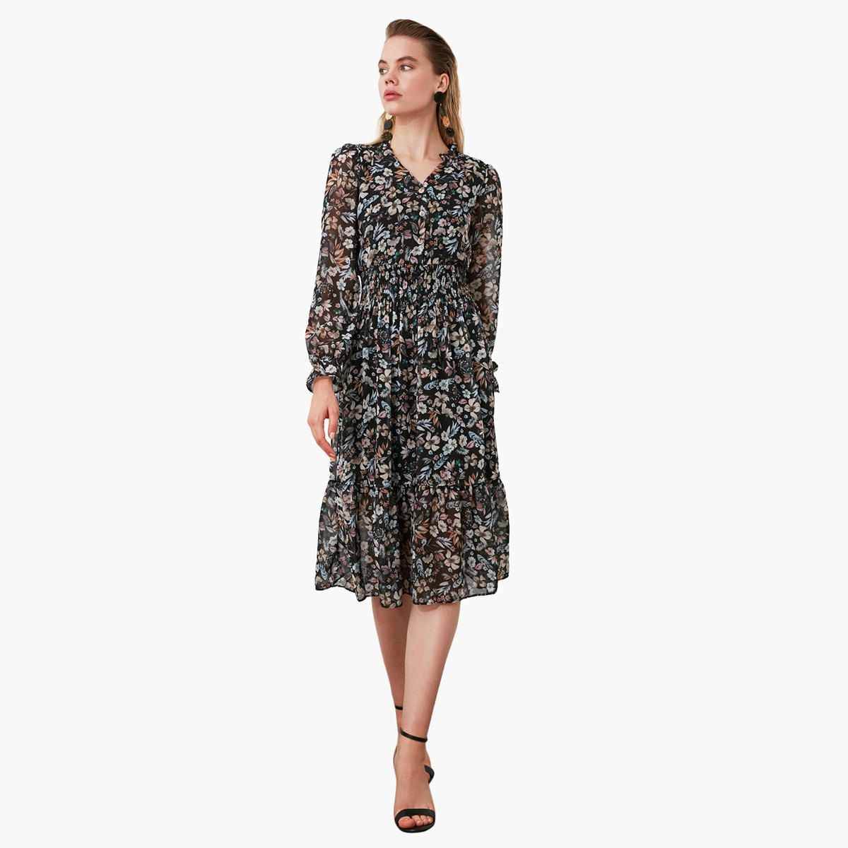 فستان إيه لاين ميدي بياقة v وطبعات أزهار من ترينديول-women-clothing-dresses-image-1