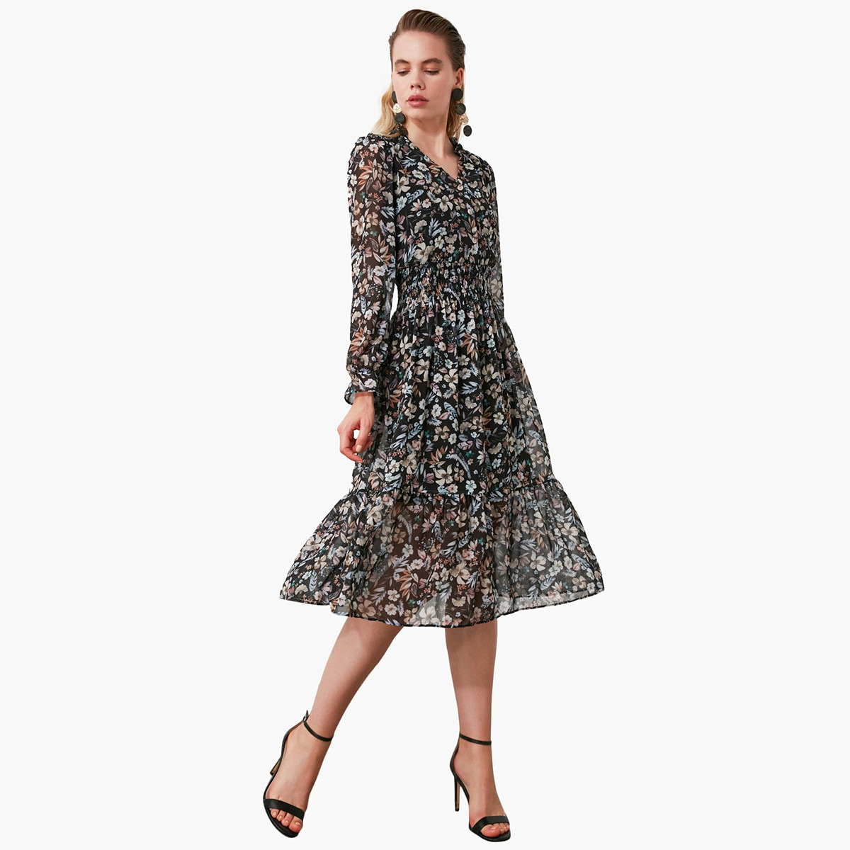فستان إيه لاين ميدي بياقة v وطبعات أزهار من ترينديول-women-clothing-dresses-image-2
