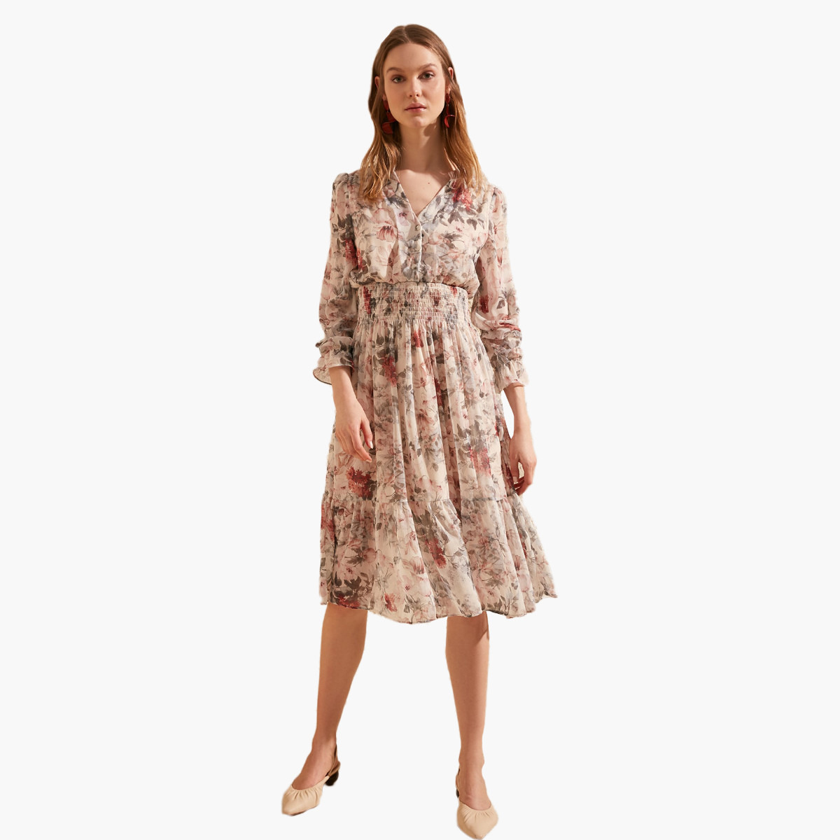 فستان ميدي إيه لاين بأكمام طويلة وطبعات أزهارمن ترينديول-women-clothing-dresses-image-1