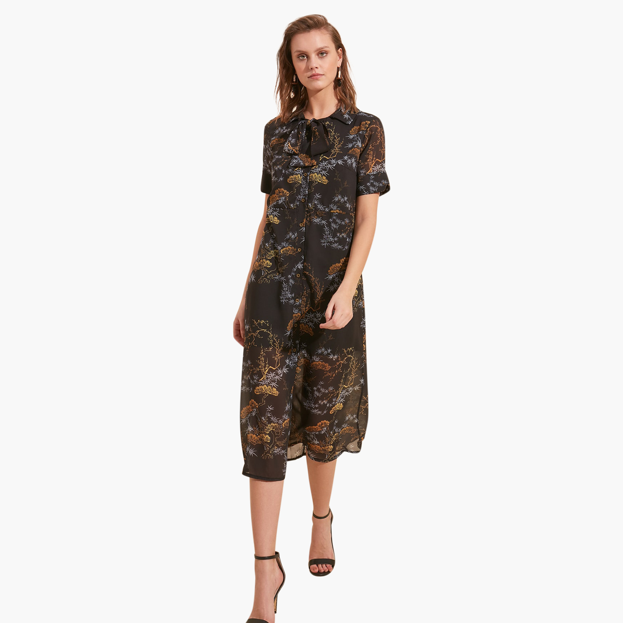 Trendyol Floral Print Midi Shift Dress with Short Sleeves-women-clothing-dresses-image-2