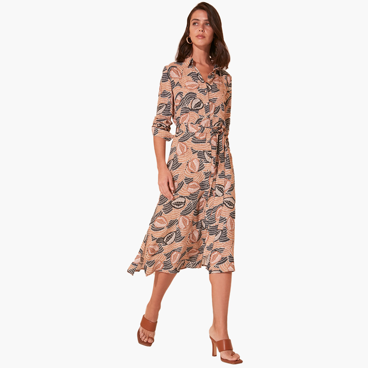 Trendyol Printed Midi A-line Dress with Spread Collar and 3/4 Sleeves-women-clothing-dresses-image-3
