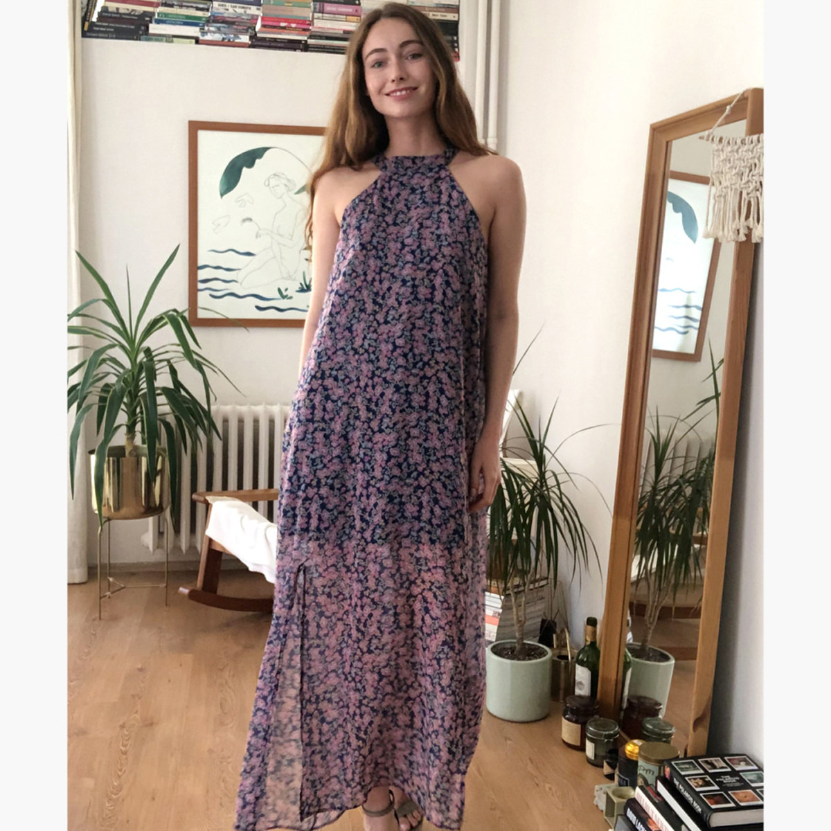 فستان طويل دون أكمام بفتحة جانبية وطبعات من ترينديول-women-clothing-dresses-image-1