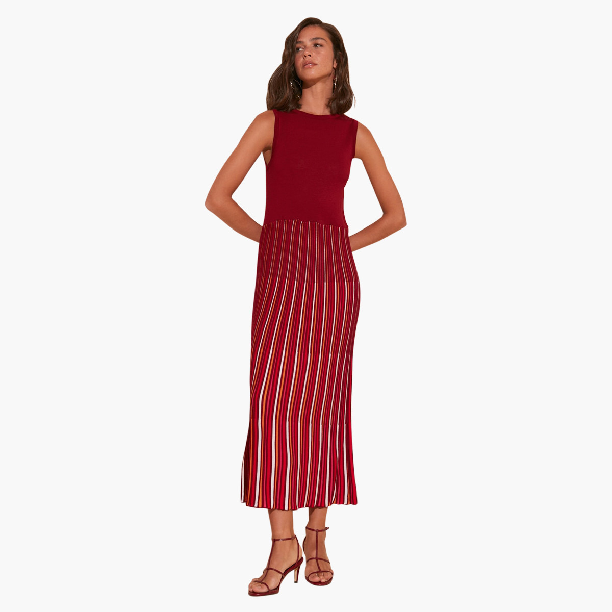 فستان طويل مخطط إيه لاين دون أكمام بياقة مستديرة من ترينديول-women-clothing-dresses-image-2