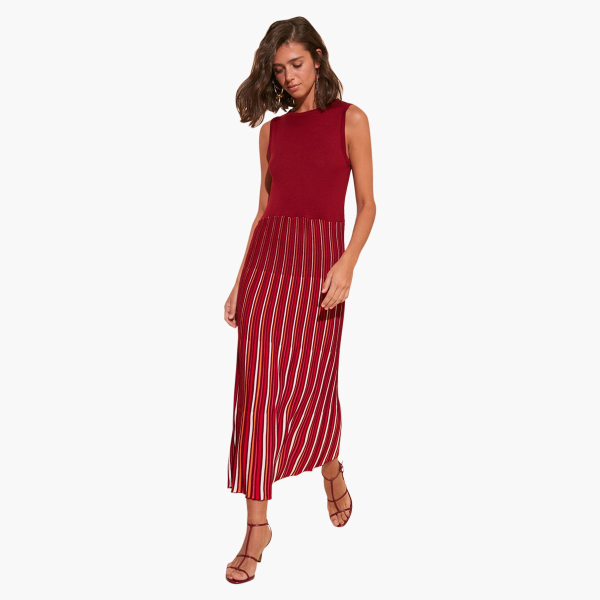 فستان طويل مخطط إيه لاين دون أكمام بياقة مستديرة من ترينديول-women-clothing-dresses-image-3