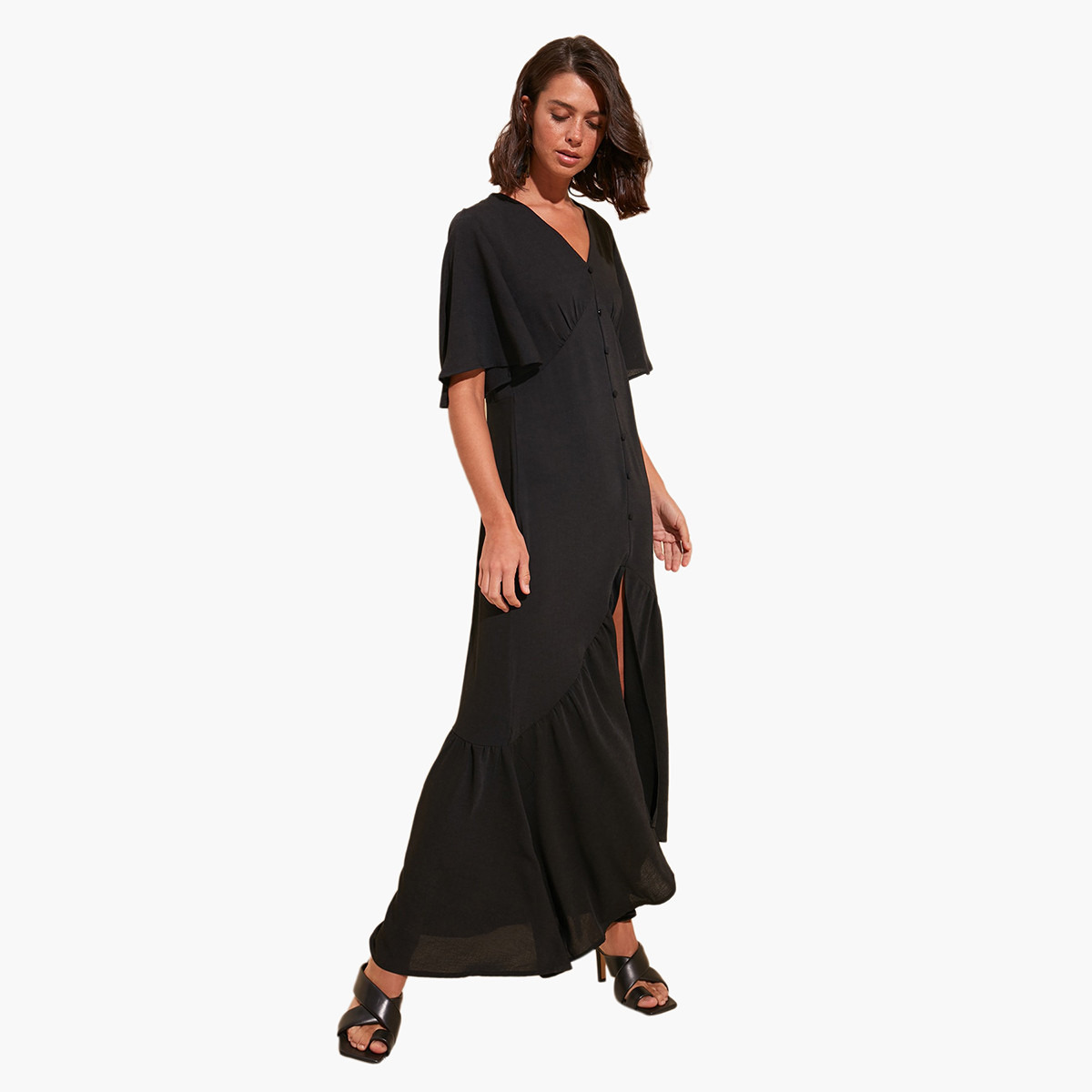 فستان بارز الملمس طويل إيه لاين بأكمام واسعة وفتحة جانبية من ترينديول-women-clothing-dresses-image-1