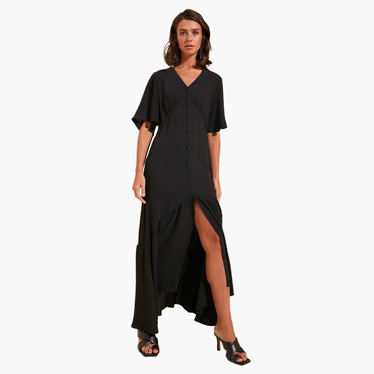 Trendyol Textured A-line Maxi Dress with Flared Sleeves and Side Slit-women-clothing-dresses-image-2