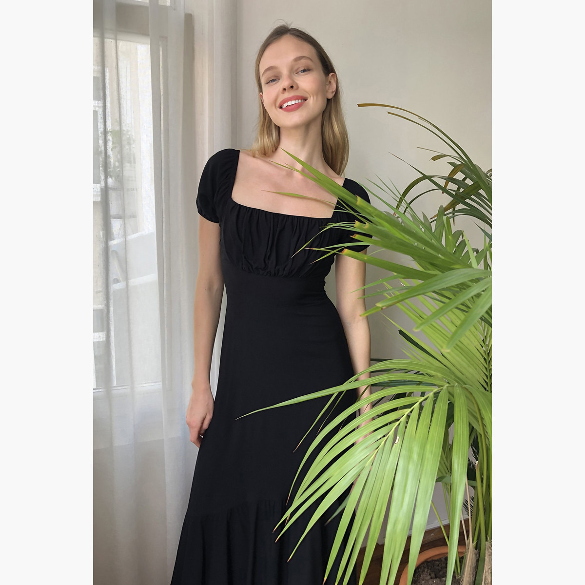 Trendyol Solid Maxi Asymmetric Dress with Puff Sleeves-women-clothing-dresses-image-5
