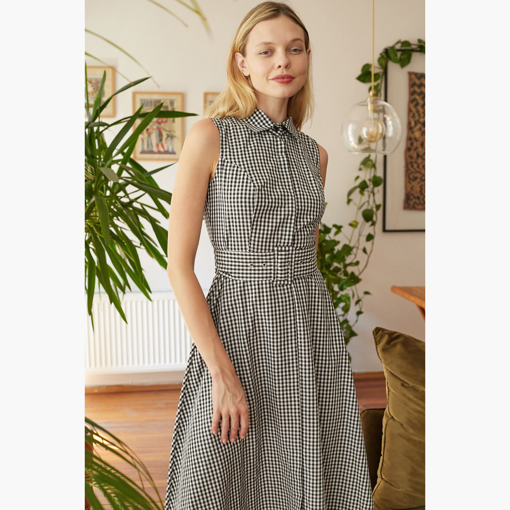 Trendyol Checked Sleeveless Midi A-line Dress with Collar and Belt-women-clothing-dresses-image-4