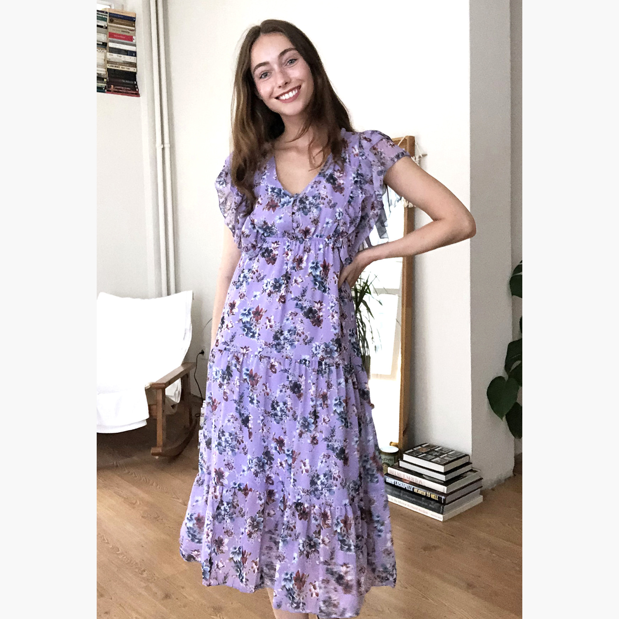 فستان إيه لاين ميدي بياقة v وأكمام كاب وطبعات زهرية من ترينديول-women-clothing-dresses-image-1