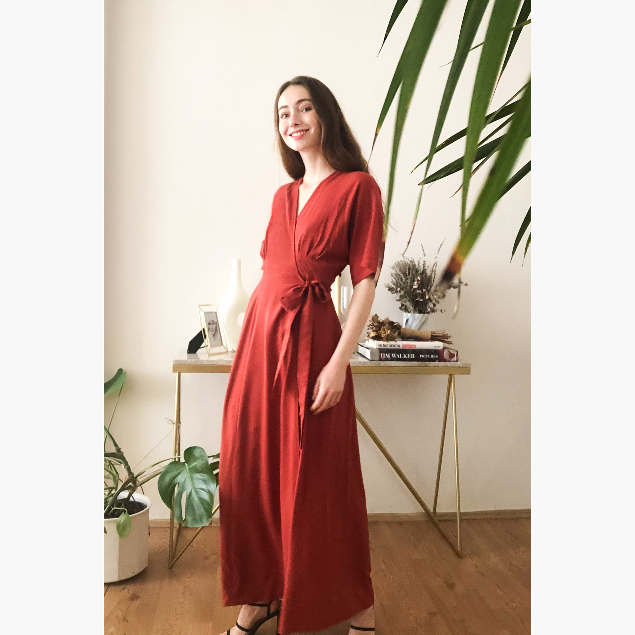 Trendyol Solid Maxi Wrap Dress with Short Sleeves and Tie Up Detail-women-clothing-dresses-image-1