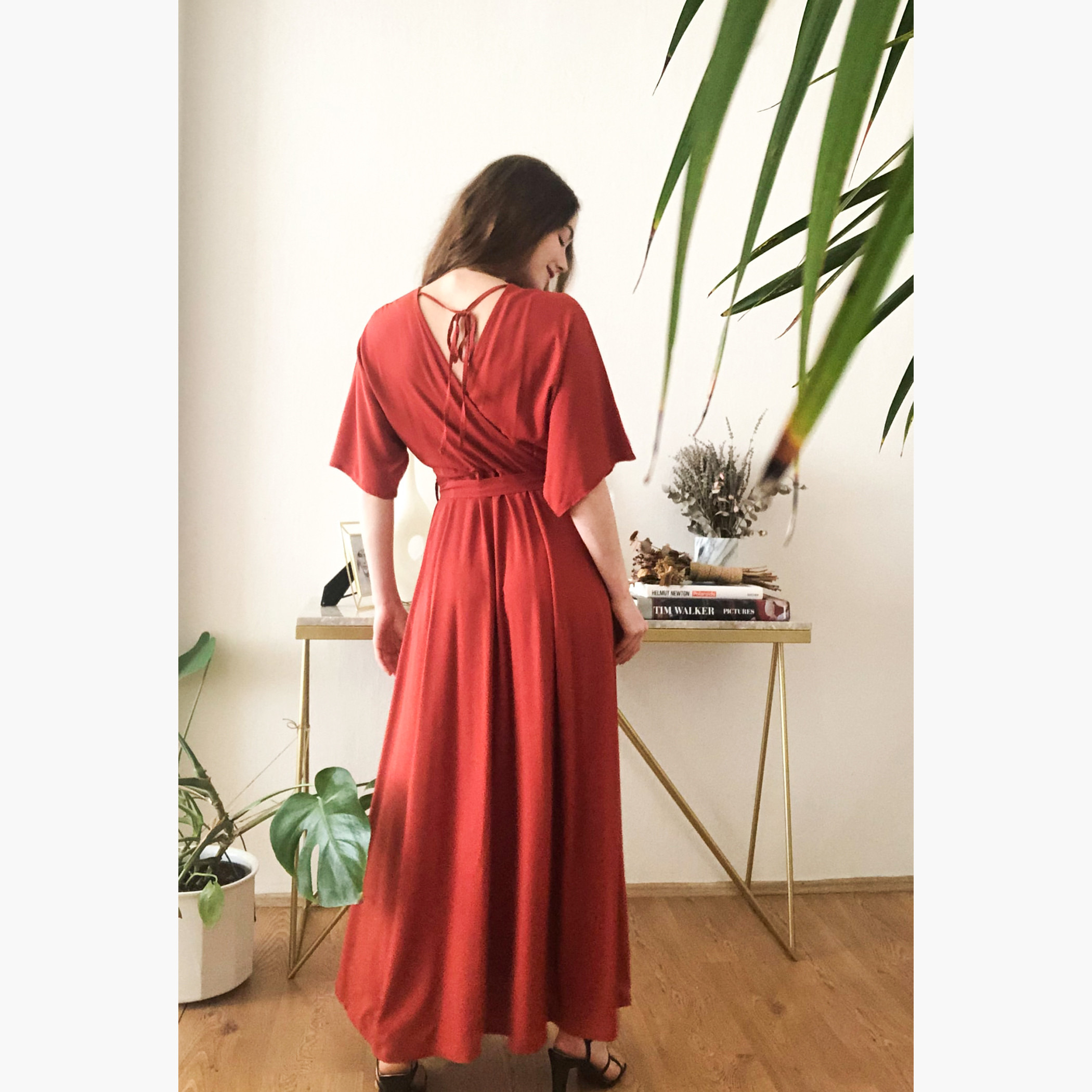 Trendyol Solid Maxi Wrap Dress with Short Sleeves and Tie Up Detail-women-clothing-dresses-image-4