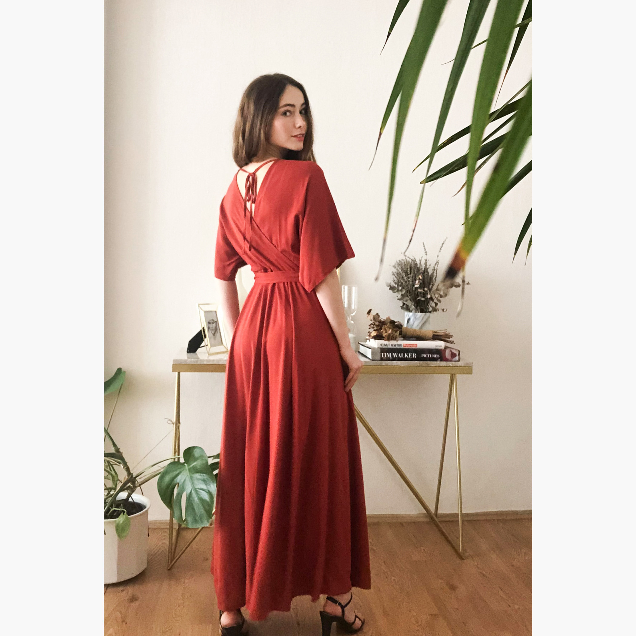 Trendyol Solid Maxi Wrap Dress with Short Sleeves and Tie Up Detail-women-clothing-dresses-image-5
