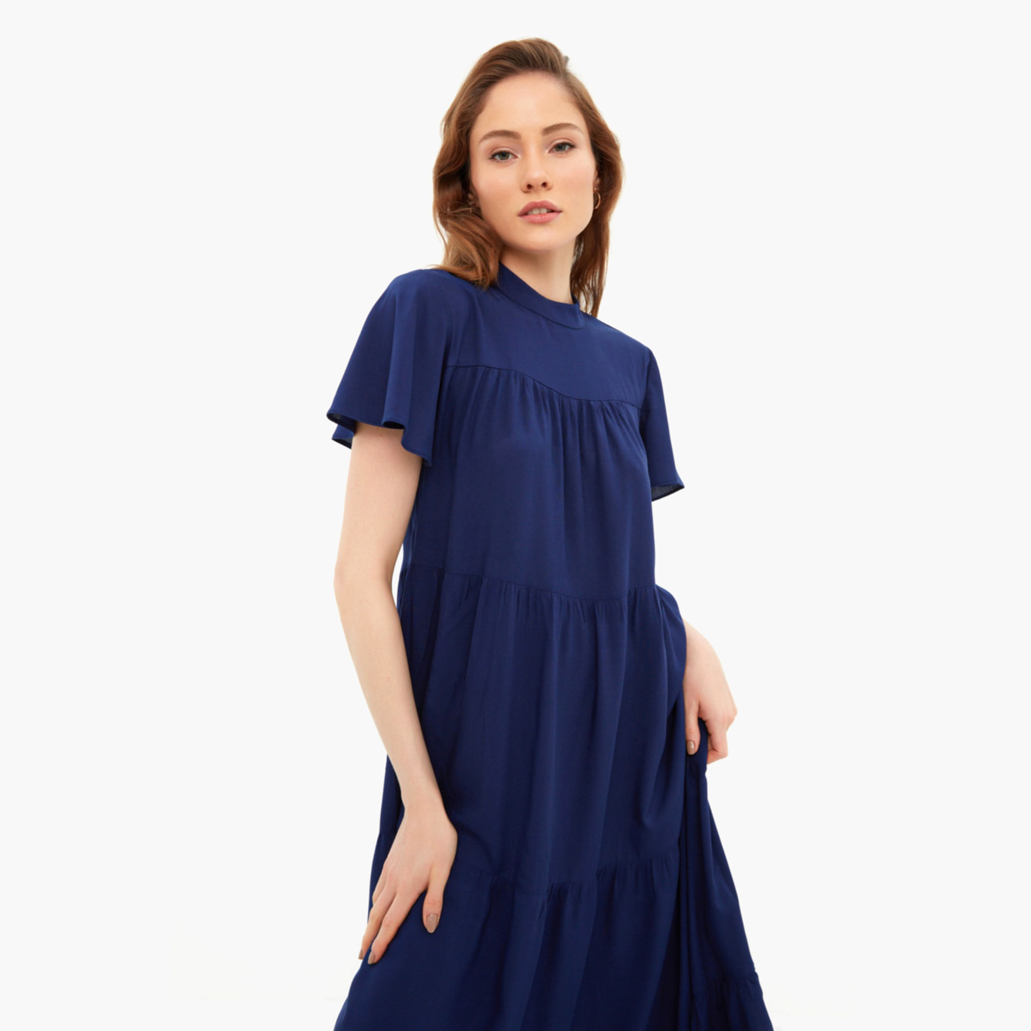 Trendyol Women Solid Navy Blue High Neck A-Line Dress-women-clothing-dresses-image-2