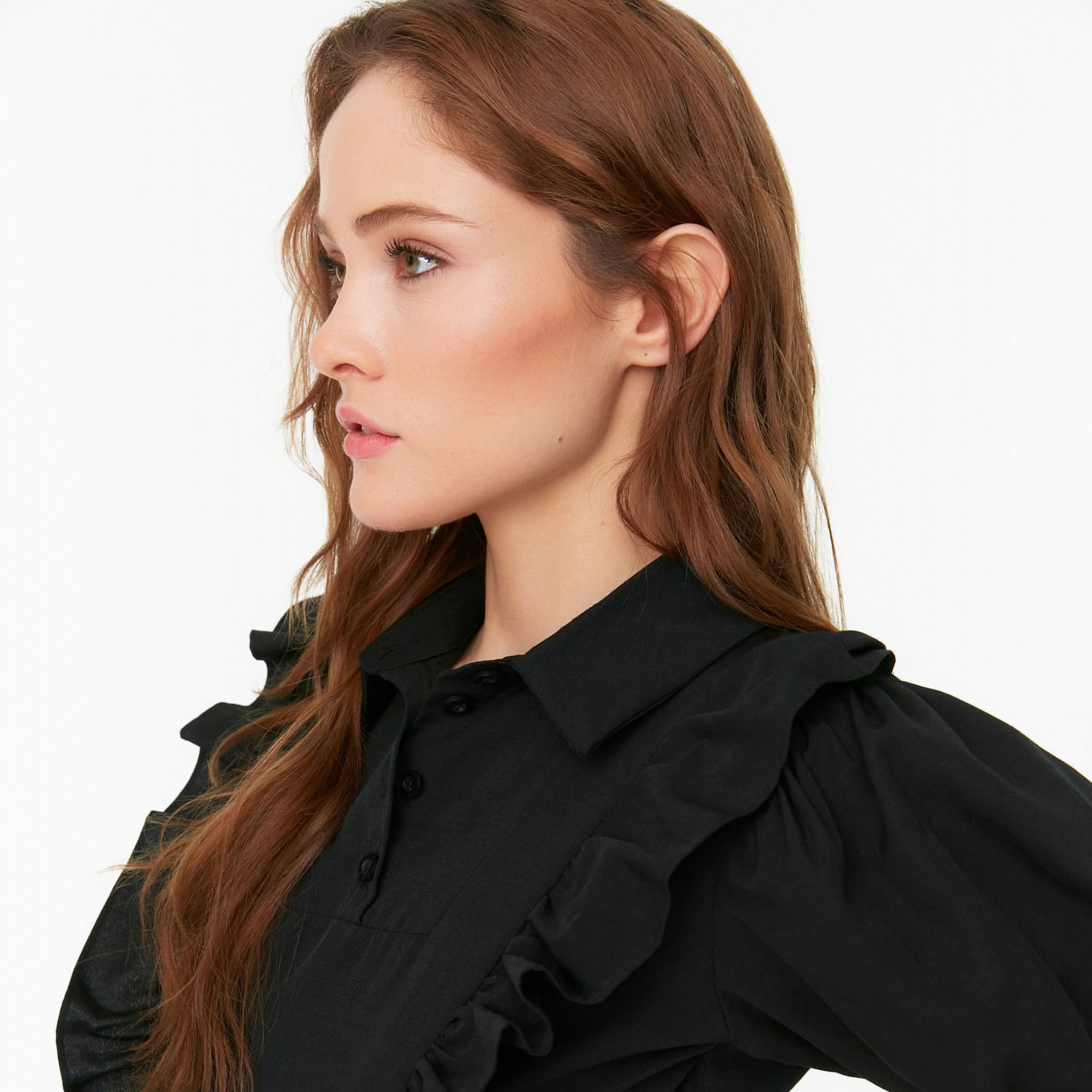 Trendyol Women Ruffle Black Collared Neck Mini Skater Dress-women-clothing-dresses-image-3