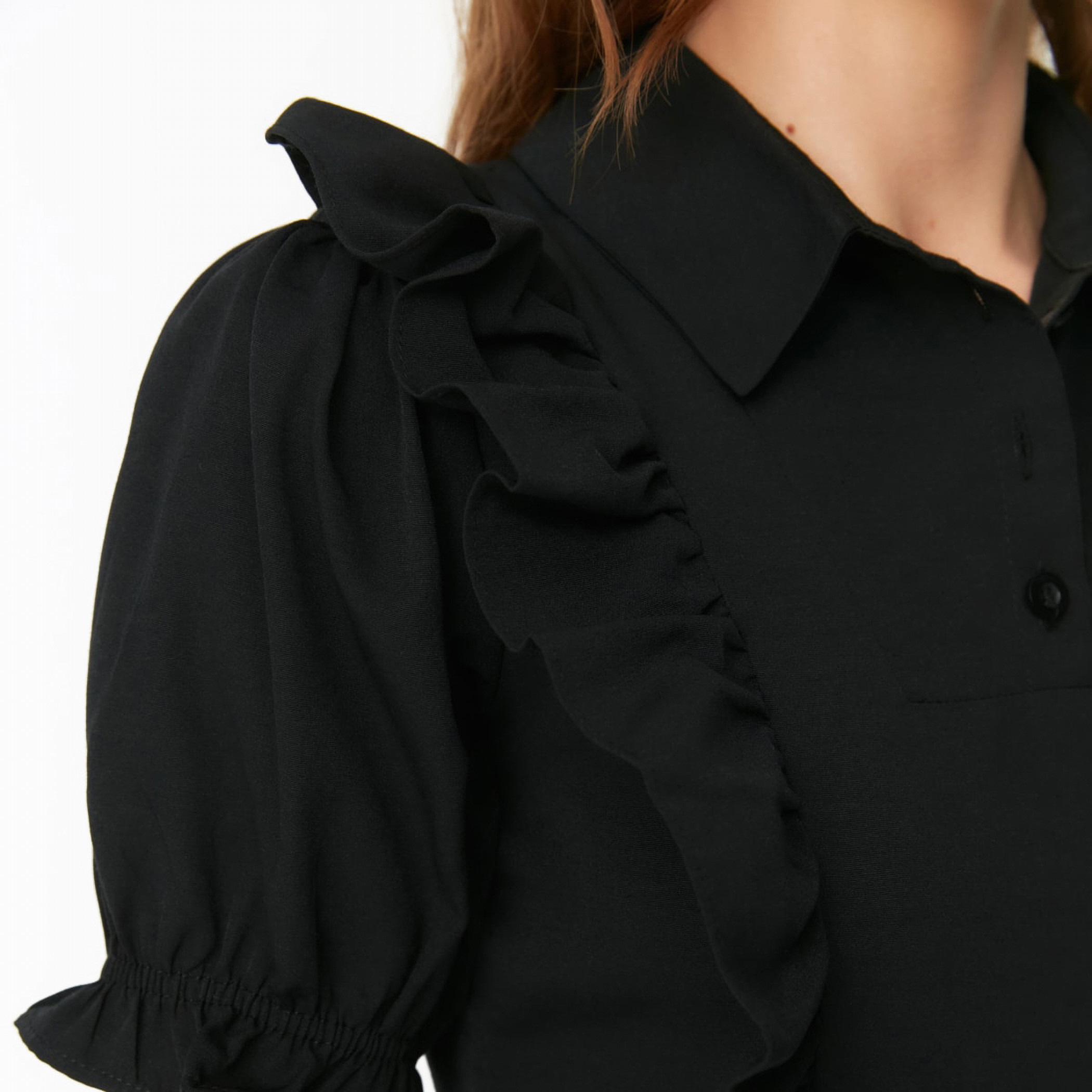 Trendyol Women Ruffle Black Collared Neck Mini Skater Dress-women-clothing-dresses-image-4