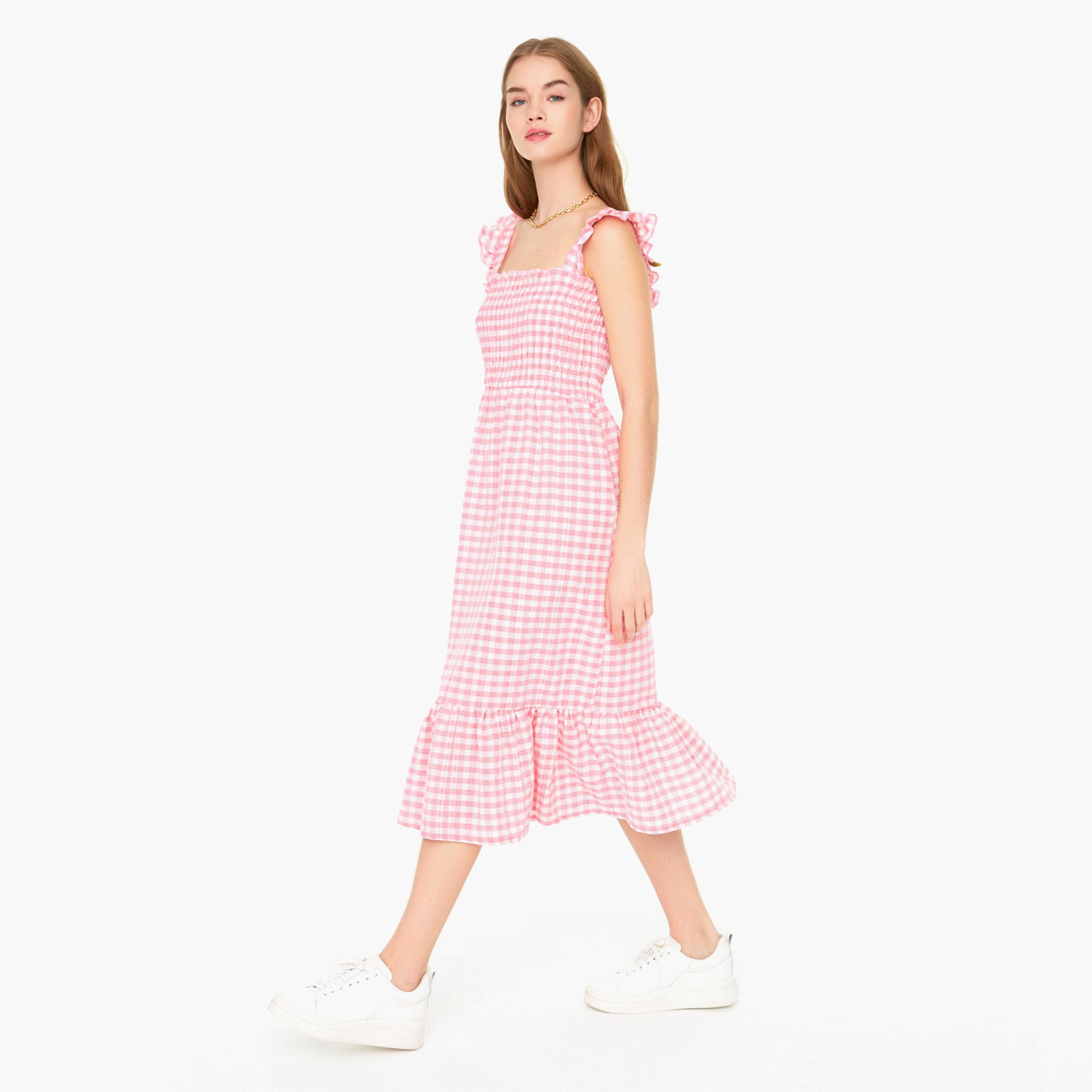 Trendyol Women Checked Pink Square Neck Midi Dress-women-clothing-dresses-image-1