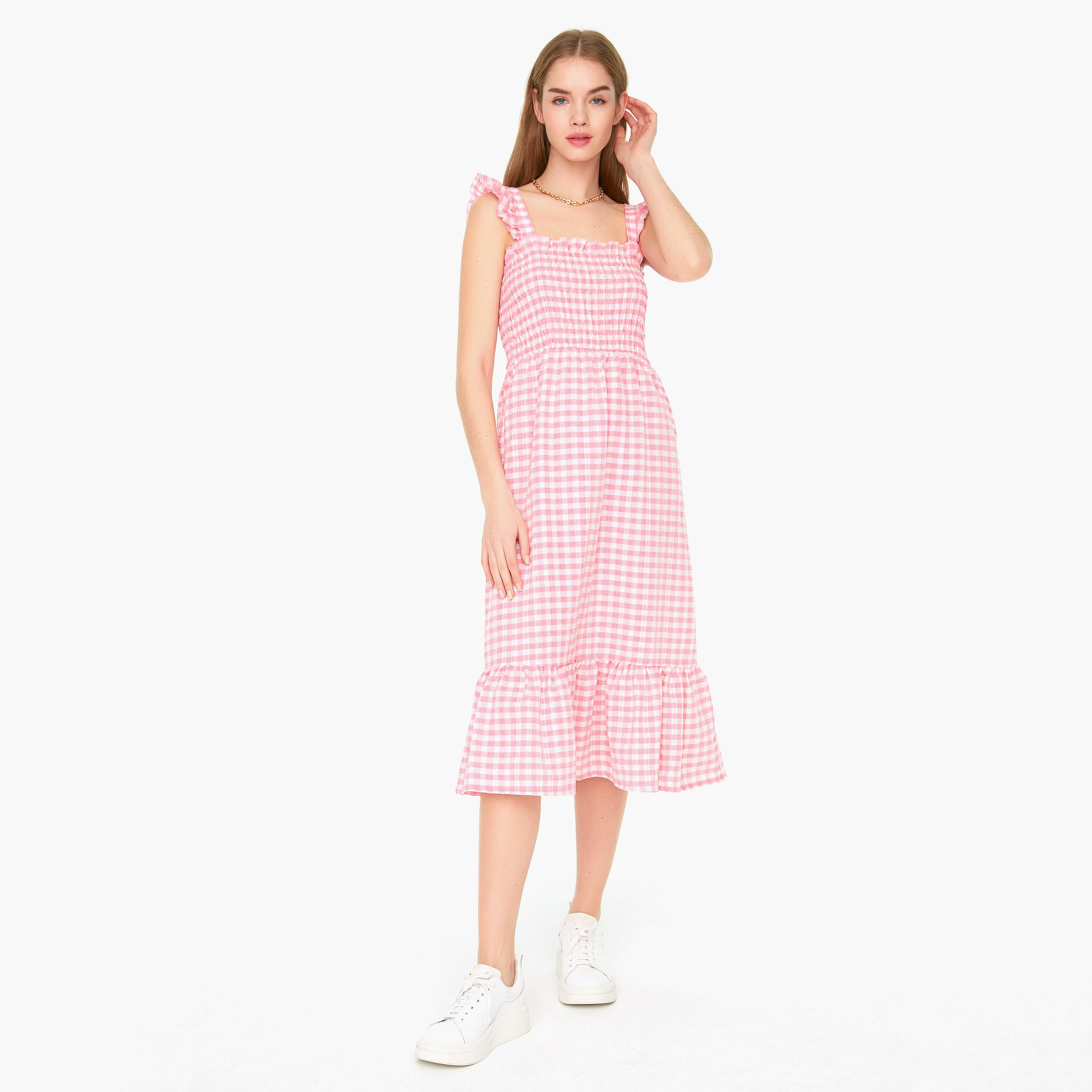 Trendyol Women Checked Pink Square Neck Midi Dress-women-clothing-dresses-image-4