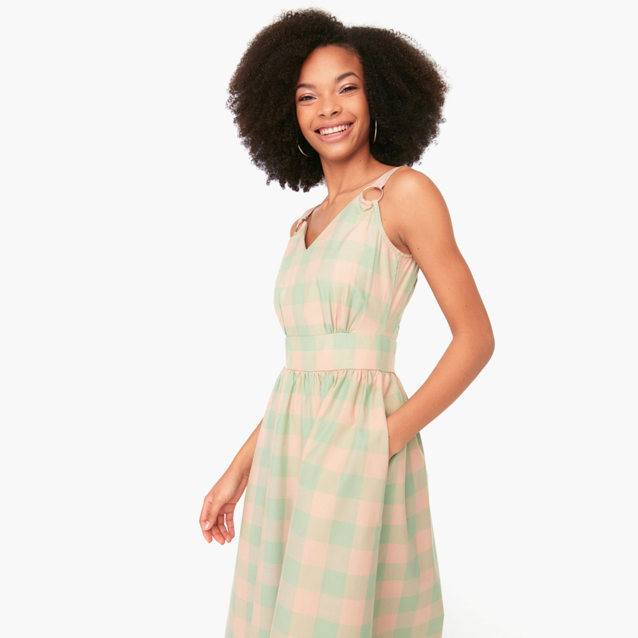 Trendyol Women Checked Mint Back Zipper V-Neck Midi Dress-women-clothing-dresses-image-2
