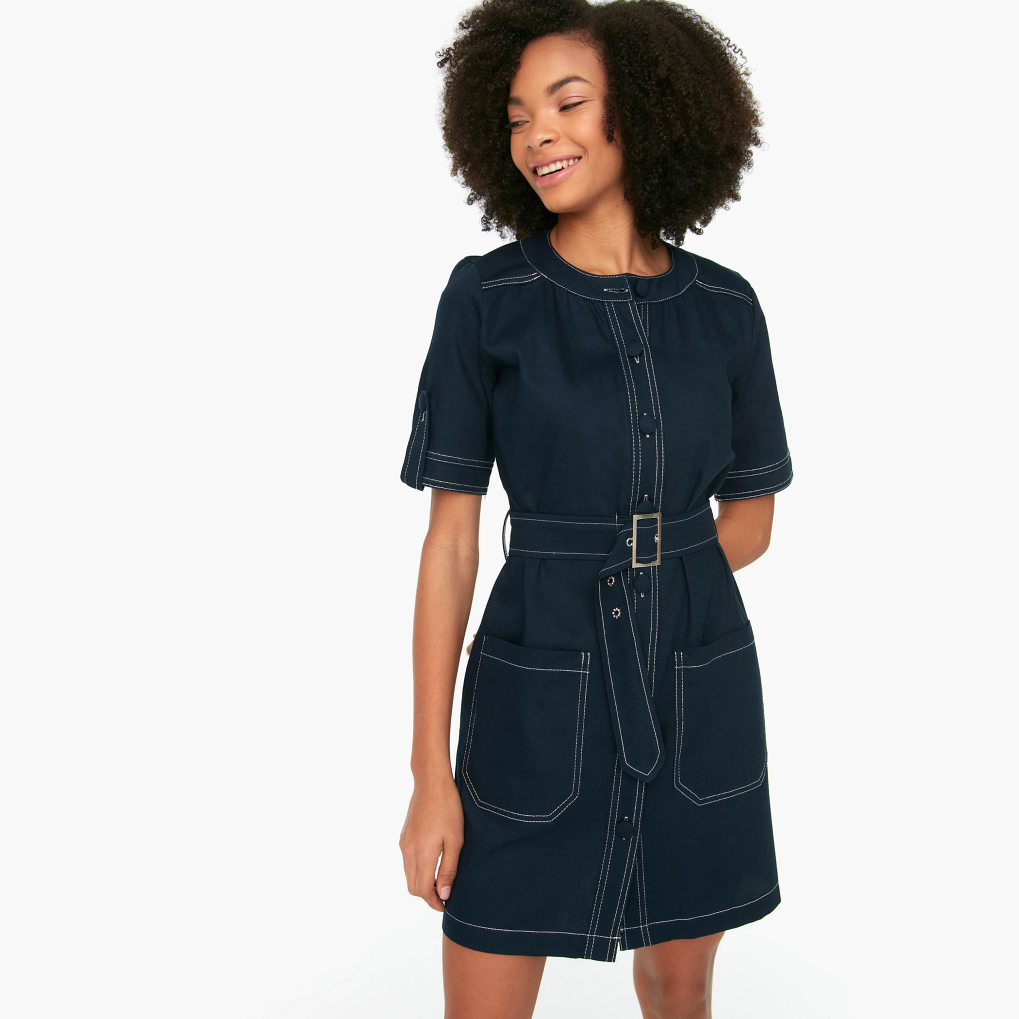 Trendyol Women Solid Navy Blue Mandarin Neck Belted Mini Dress-women-clothing-dresses-image-2