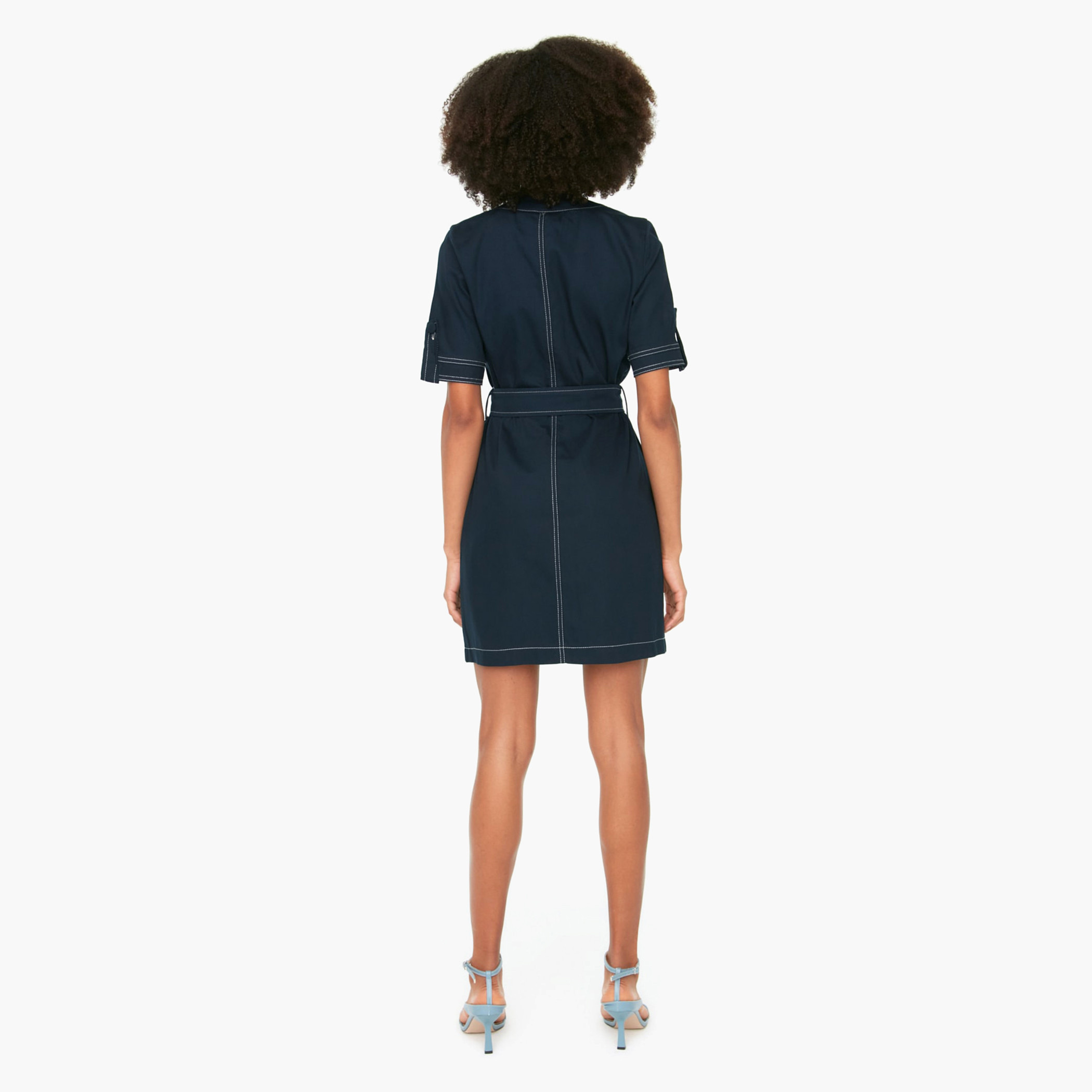 Trendyol Women Solid Navy Blue Mandarin Neck Belted Mini Dress-women-clothing-dresses-image-5