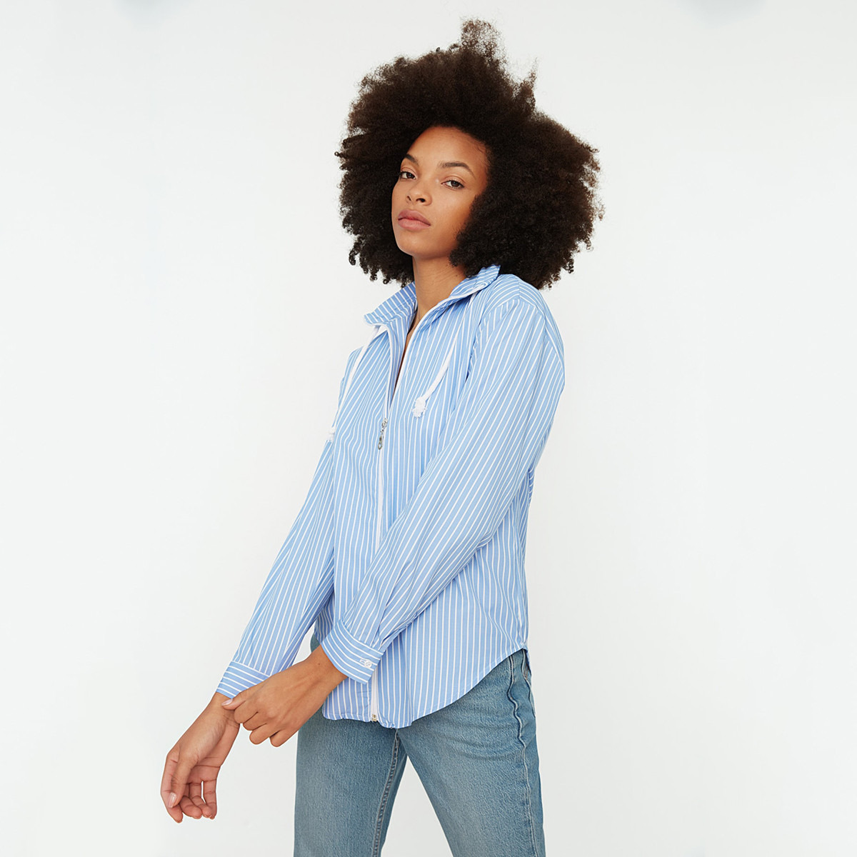 Trendyol Women Blue Striped High Neck Front Zipper Shirt-women-clothing-shirtsandblouses-blouses-image-1