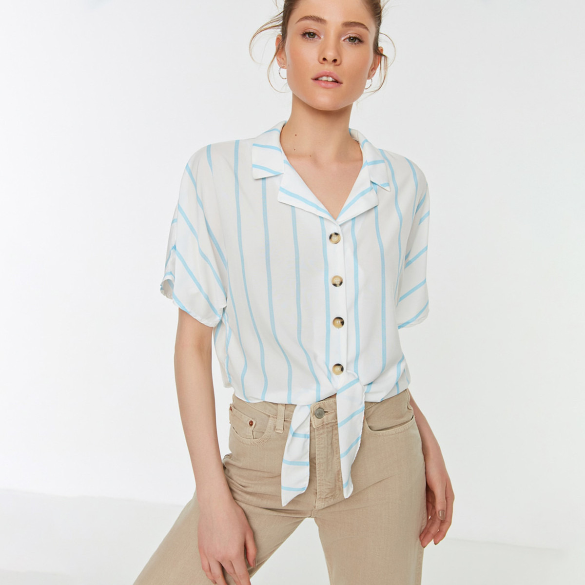 Trendyol Women White Striped Tie Knot Crop Collared Shirt-women-clothing-shirtsandblouses-blouses-image-1