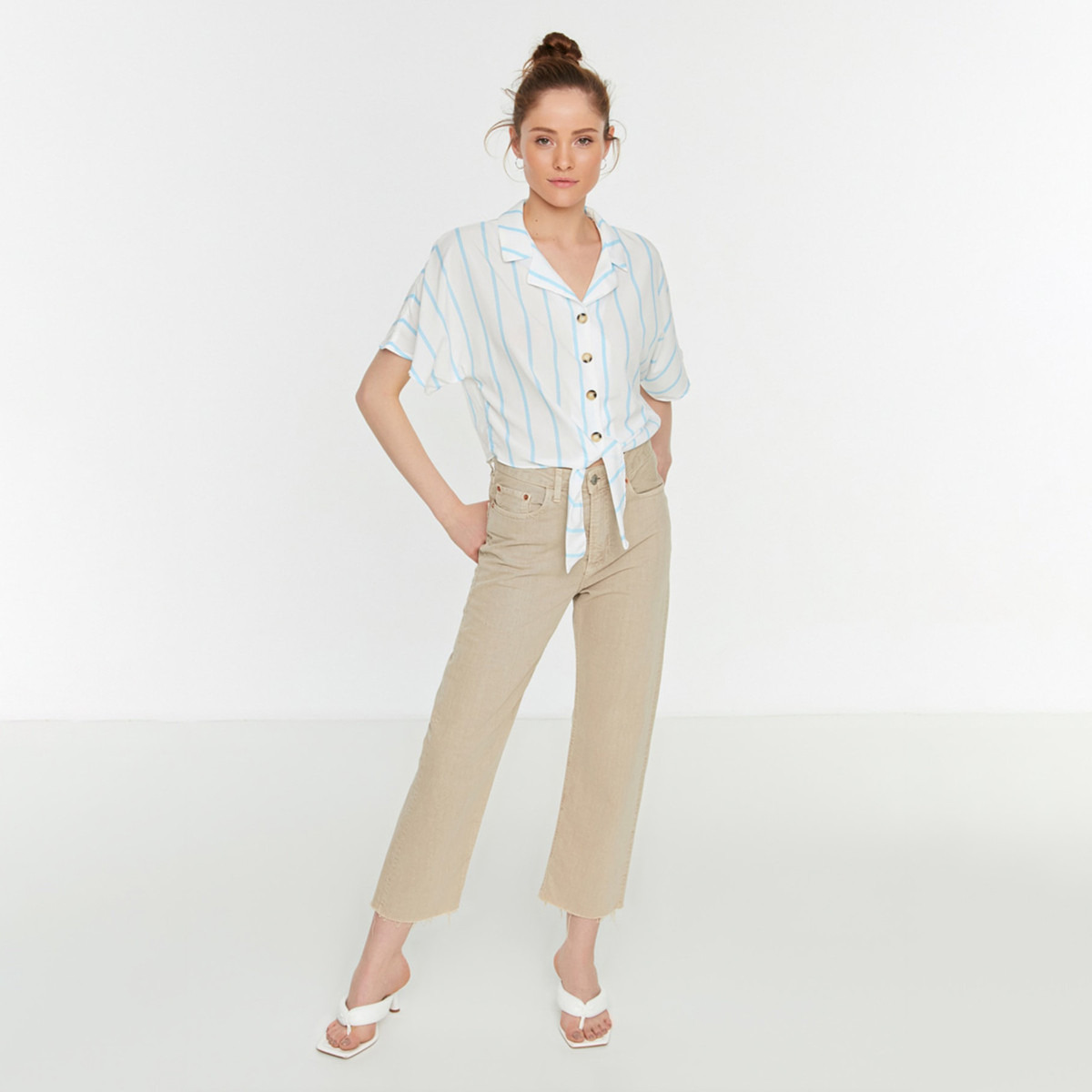 Trendyol Women White Striped Tie Knot Crop Collared Shirt-women-clothing-shirtsandblouses-blouses-image-3