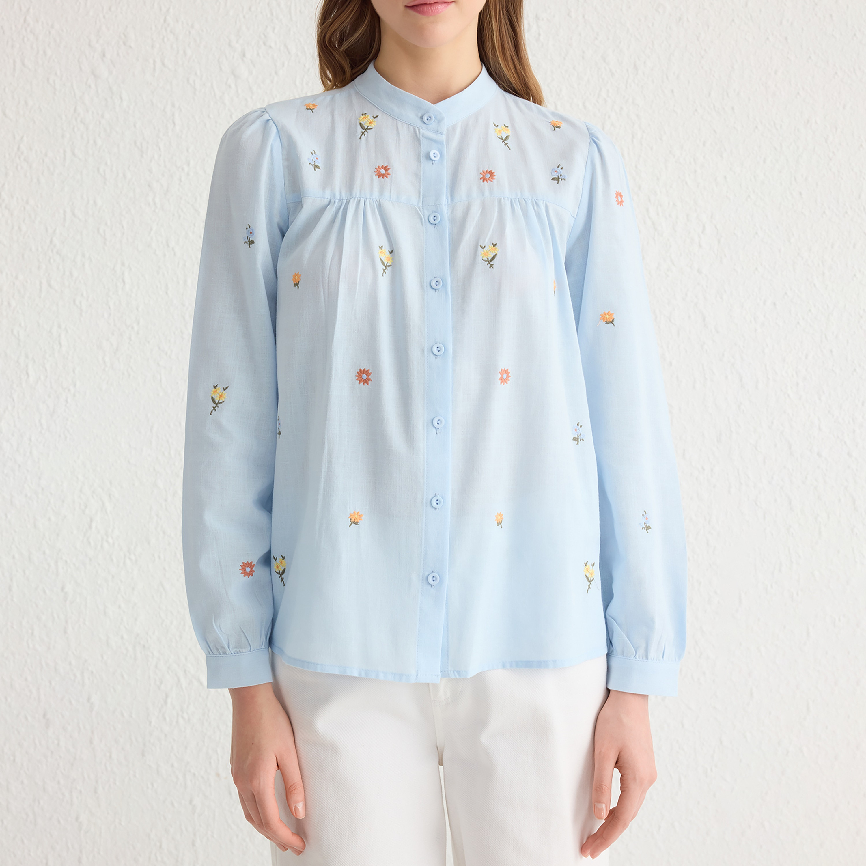 Floral Embroidered Band Collar Women's Shirt-women-clothing-shirtsandblouses-shirts-image-3