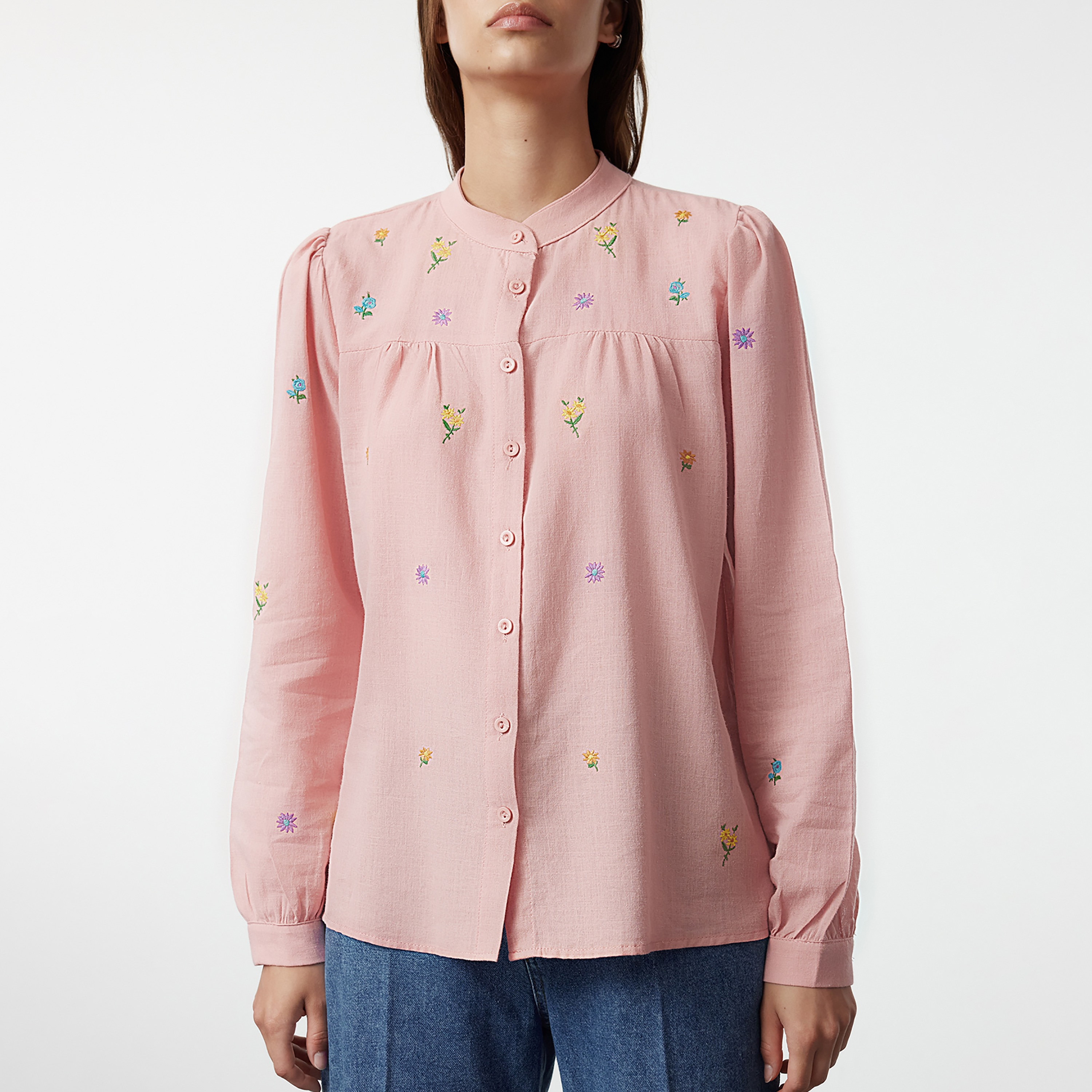 Floral Embroidered Band Collar Women's Shirt-women-clothing-shirtsandblouses-shirts-image-4
