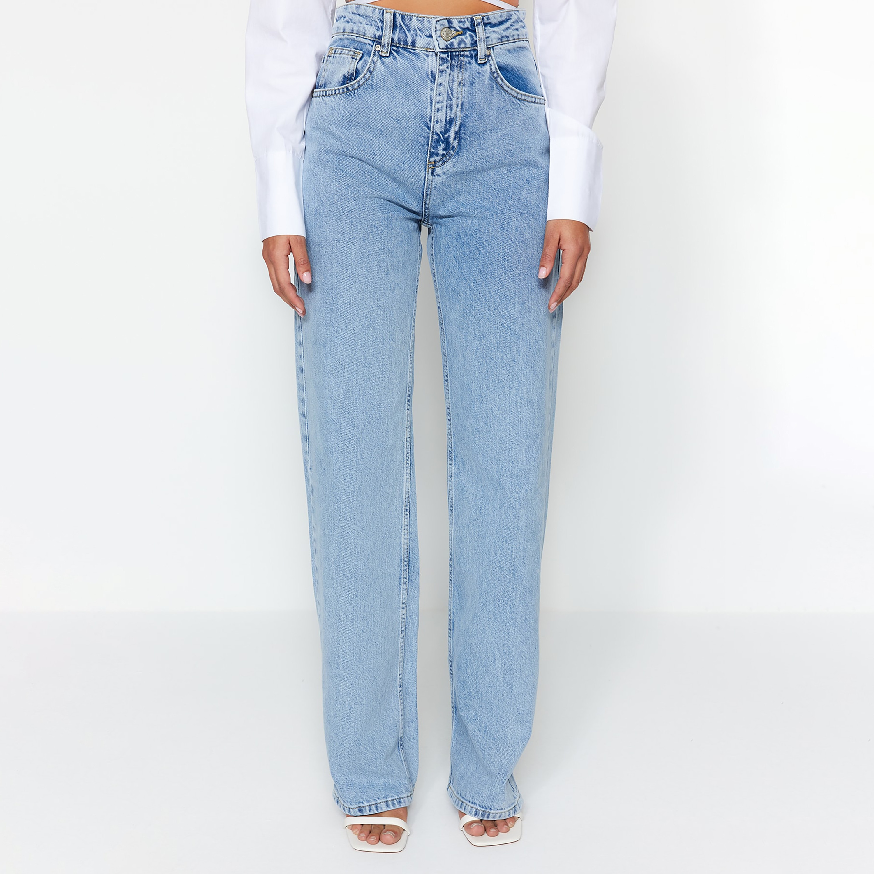 Blue Cotton Wide Leg Women's Jeans-women-clothing-jeans-image-1