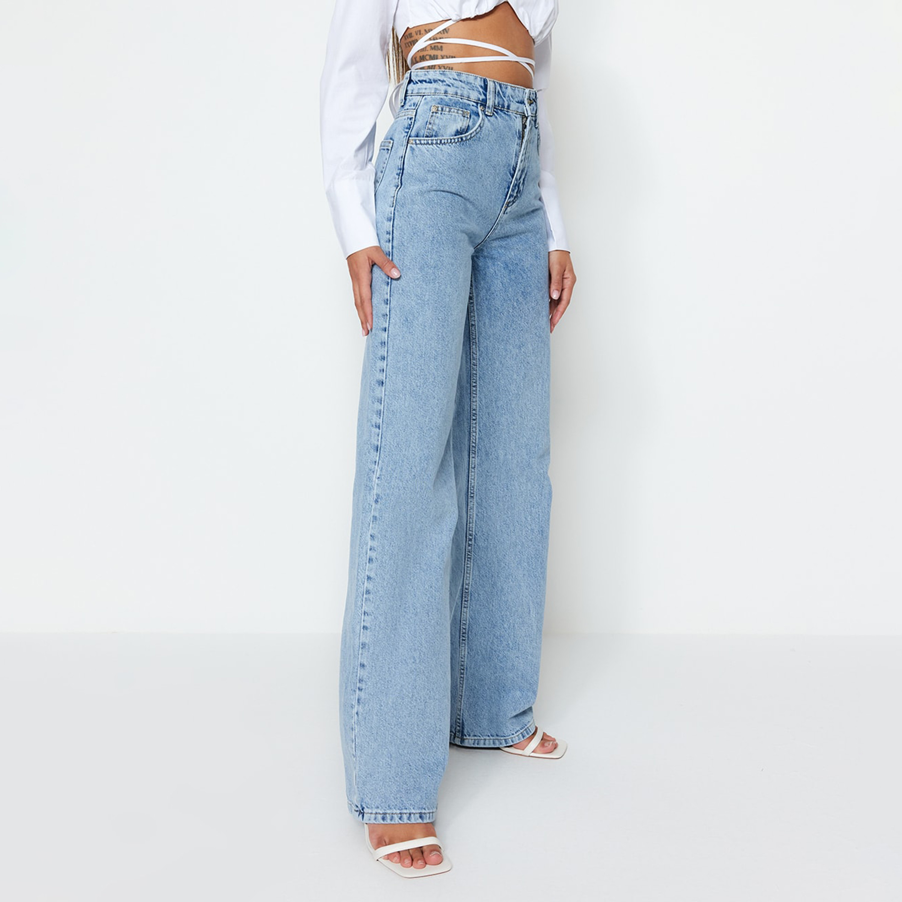 Blue Cotton Wide Leg Women's Jeans-women-clothing-jeans-image-7