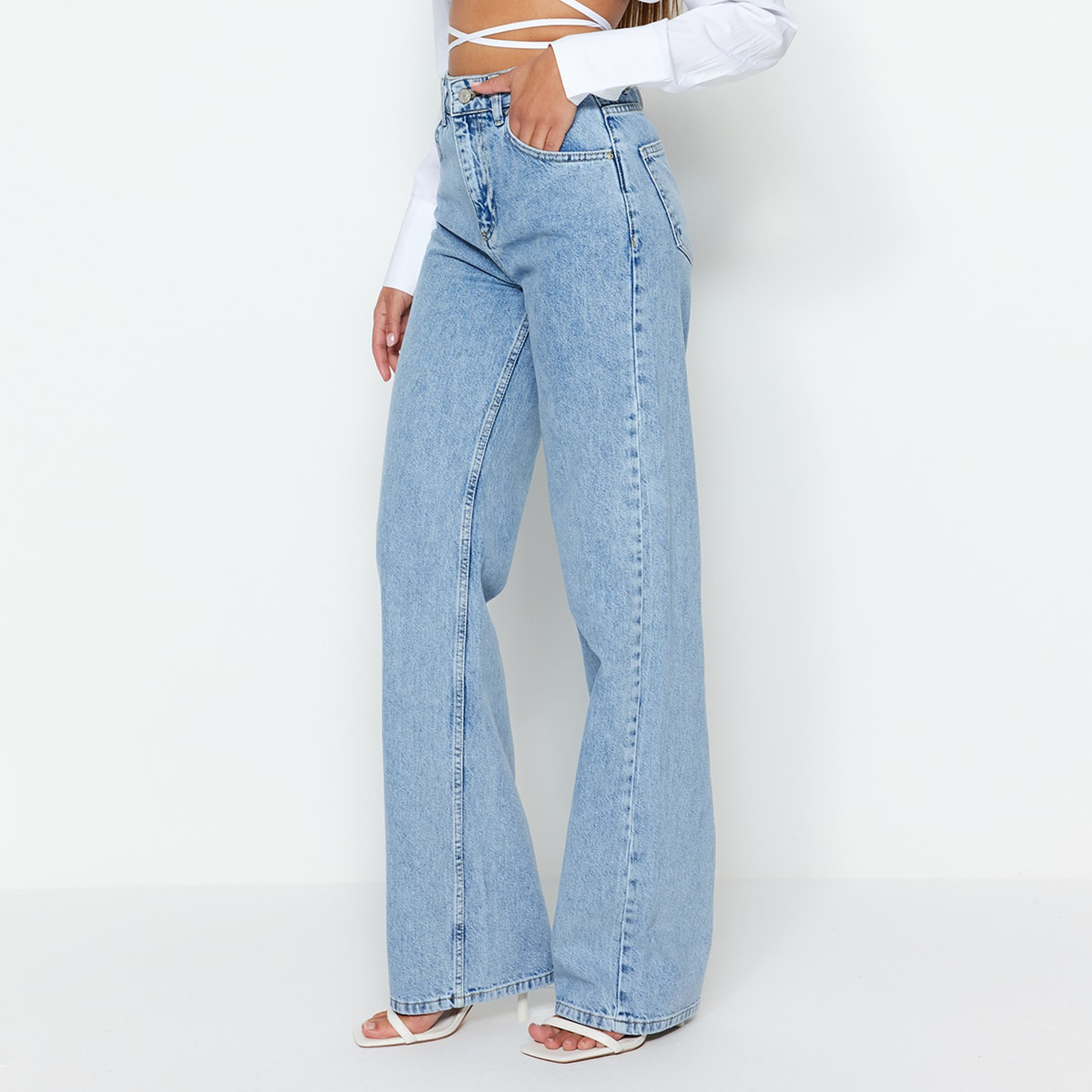 Blue Cotton Wide Leg Women's Jeans-women-clothing-jeans-image-8