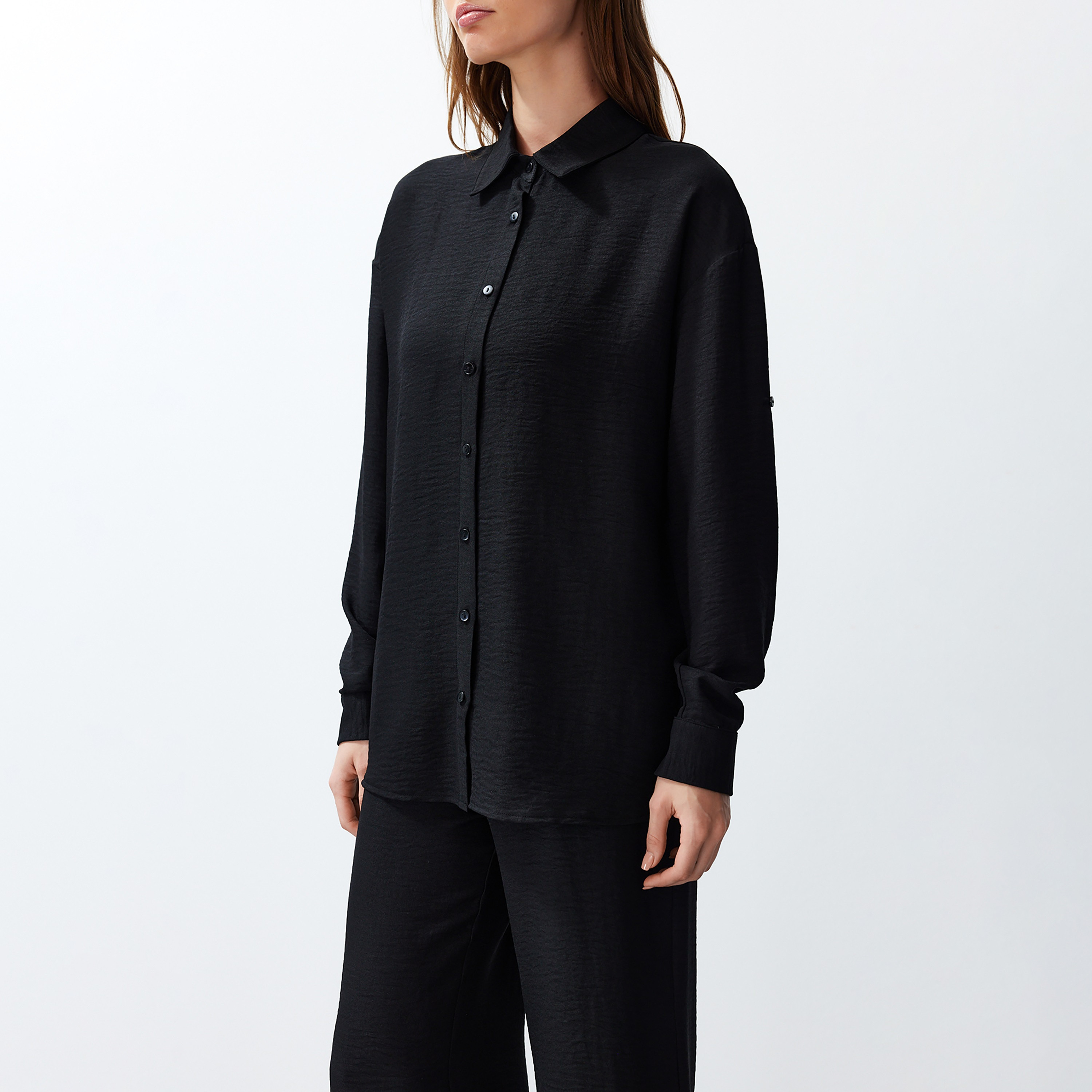Trendyolmilla Textured Collared Roll-Up Sleeves Cotton Women's Shirt & Trousers Set-women-clothing-coordsets-image-6