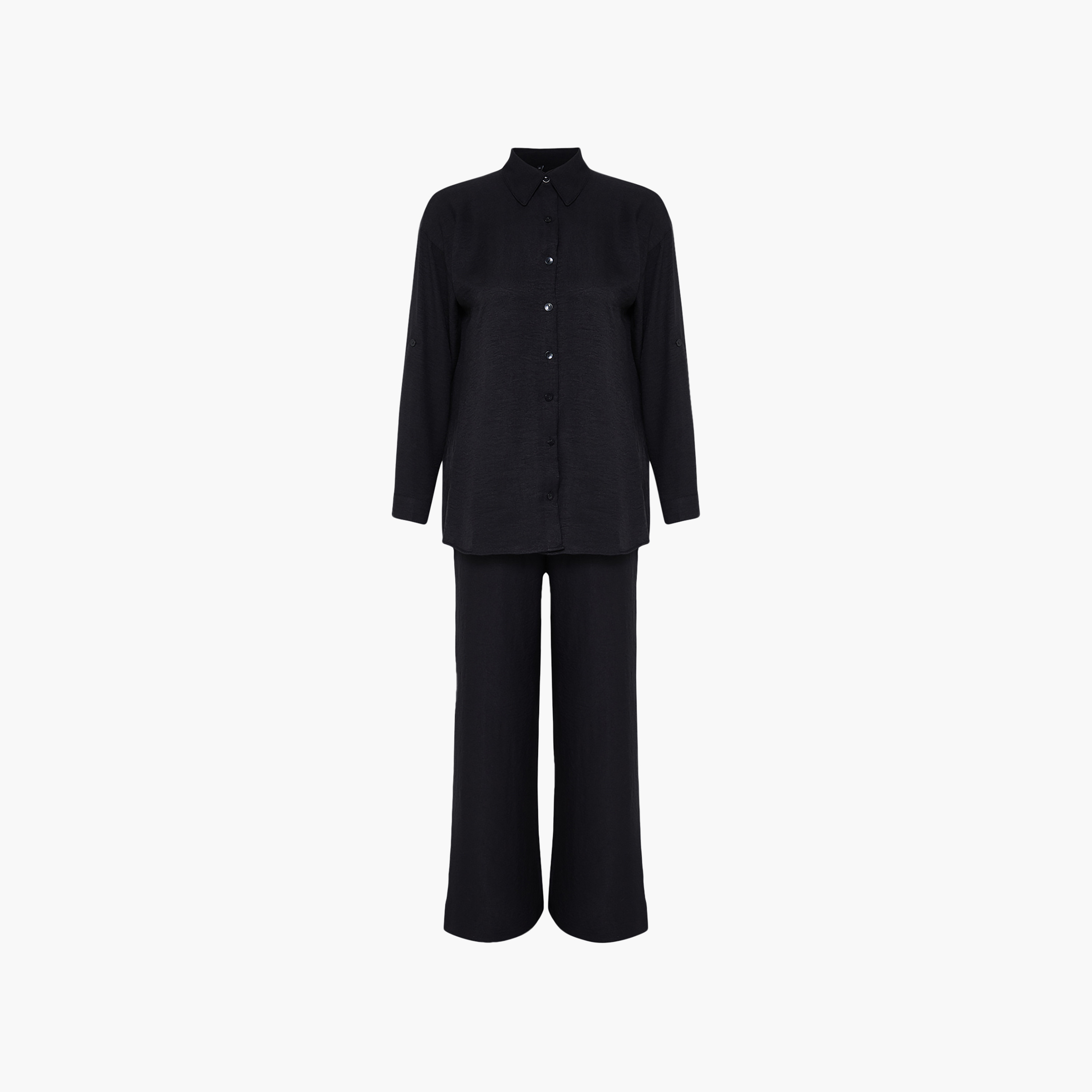 Trendyolmilla Textured Collared Roll-Up Sleeves Cotton Women's Shirt & Trousers Set-women-clothing-coordsets-image-7