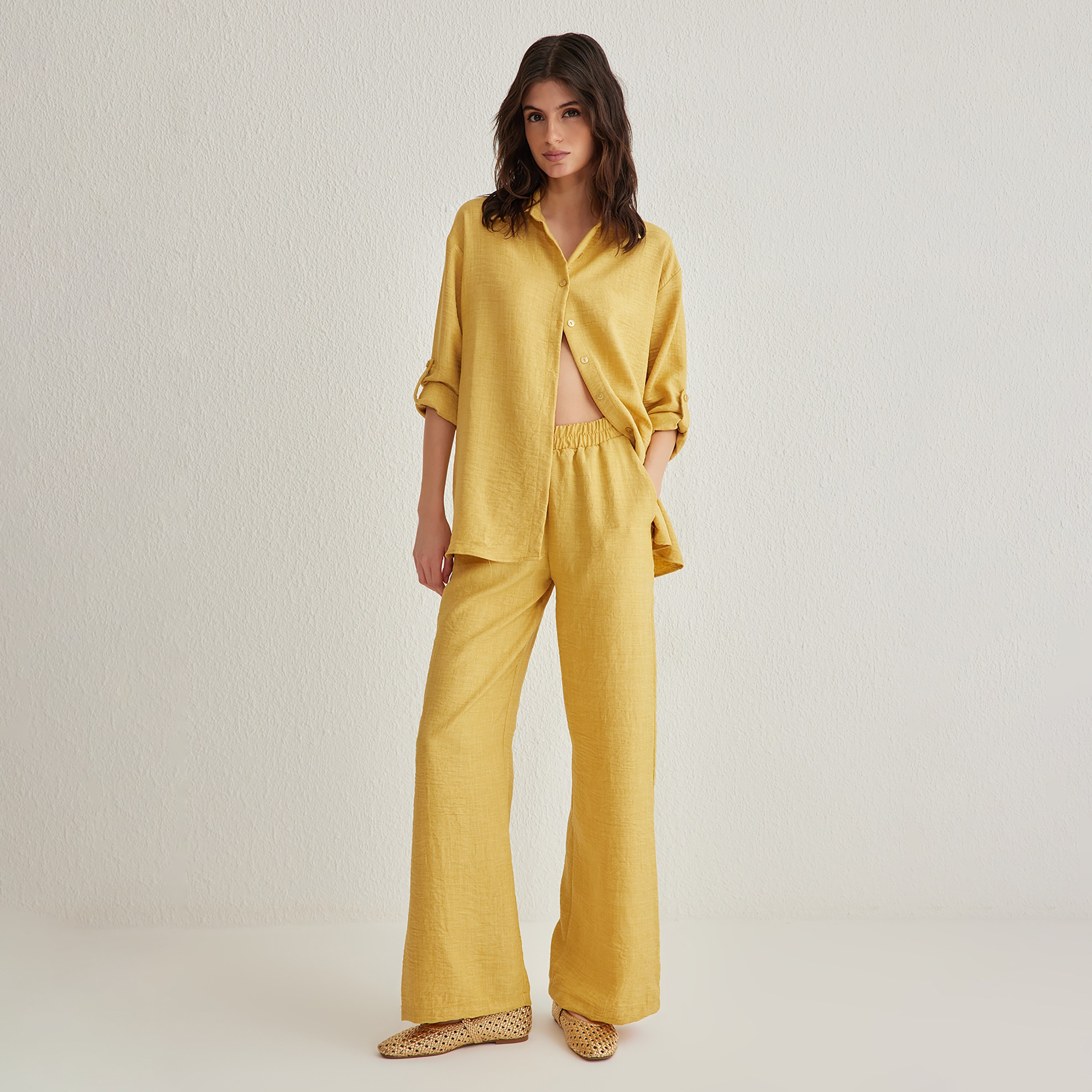 Trendyolmilla Textured Collared Roll-Up Sleeves Cotton Women's Shirt & Trousers Set-women-clothing-coordsets-image-1