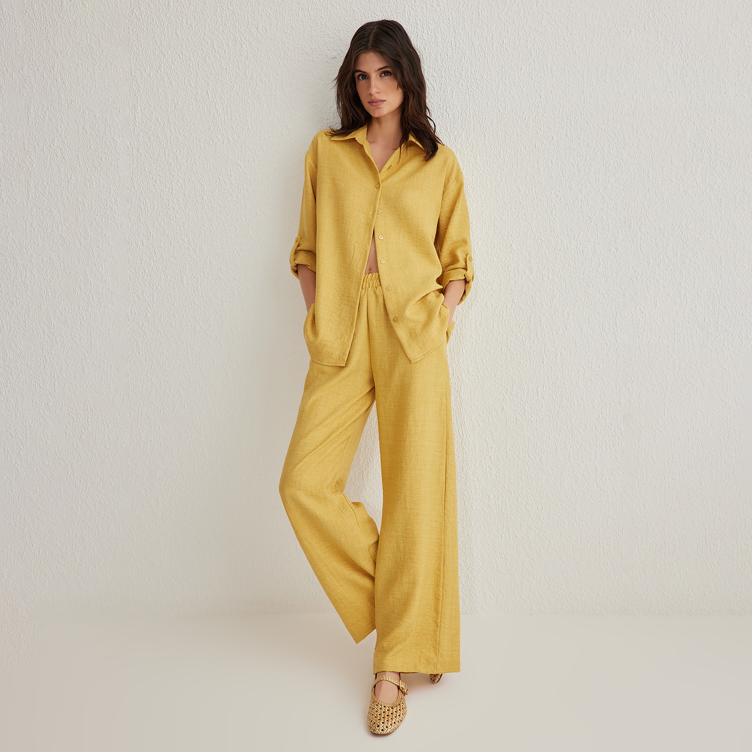 Trendyolmilla Textured Collared Roll-Up Sleeves Cotton Women's Shirt & Trousers Set-women-clothing-coordsets-image-2