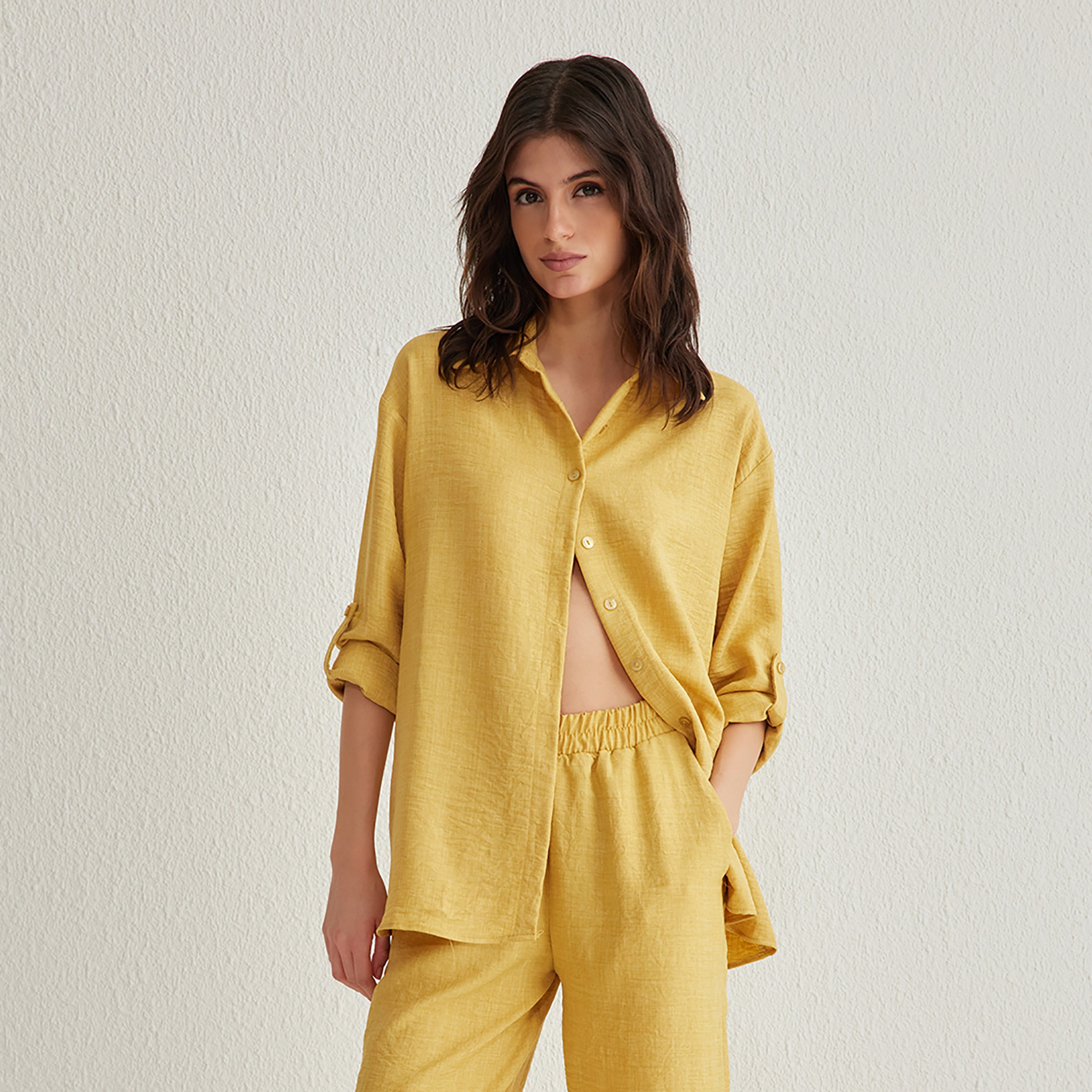 Trendyolmilla Textured Collared Roll-Up Sleeves Cotton Women's Shirt & Trousers Set-women-clothing-coordsets-image-3