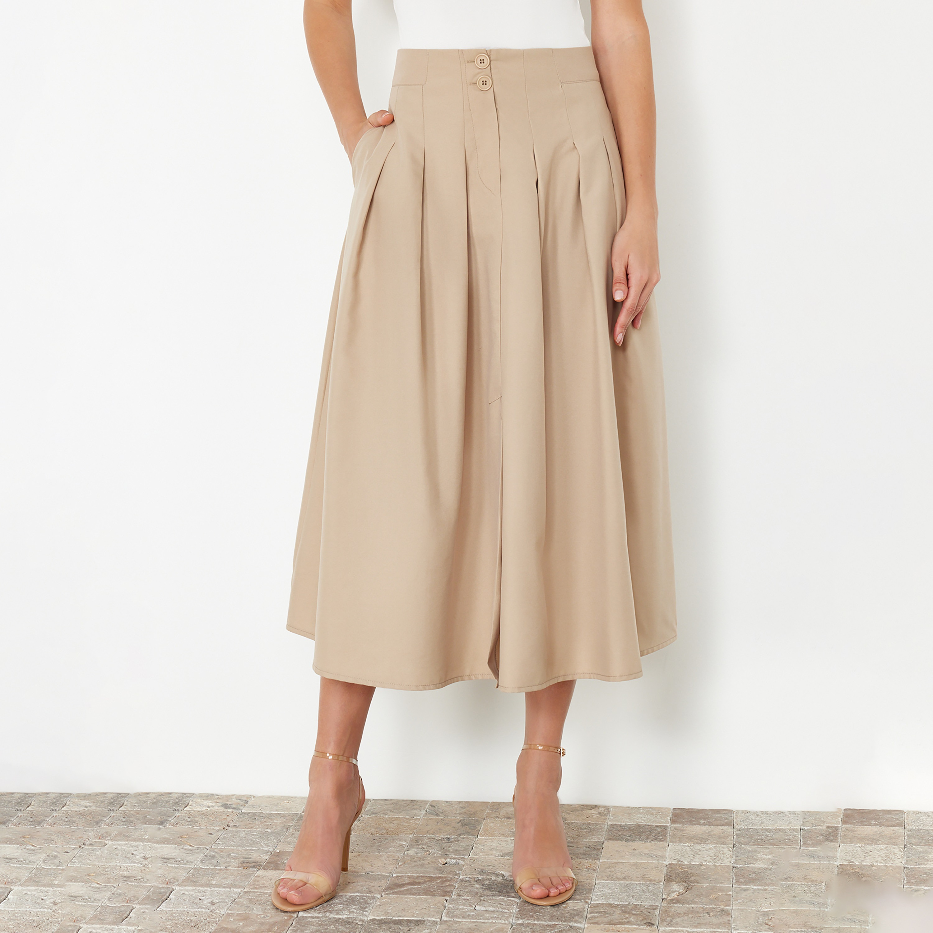 تنورة ميدي نسائية بيج واسعة-women-clothing-skirts-image-1