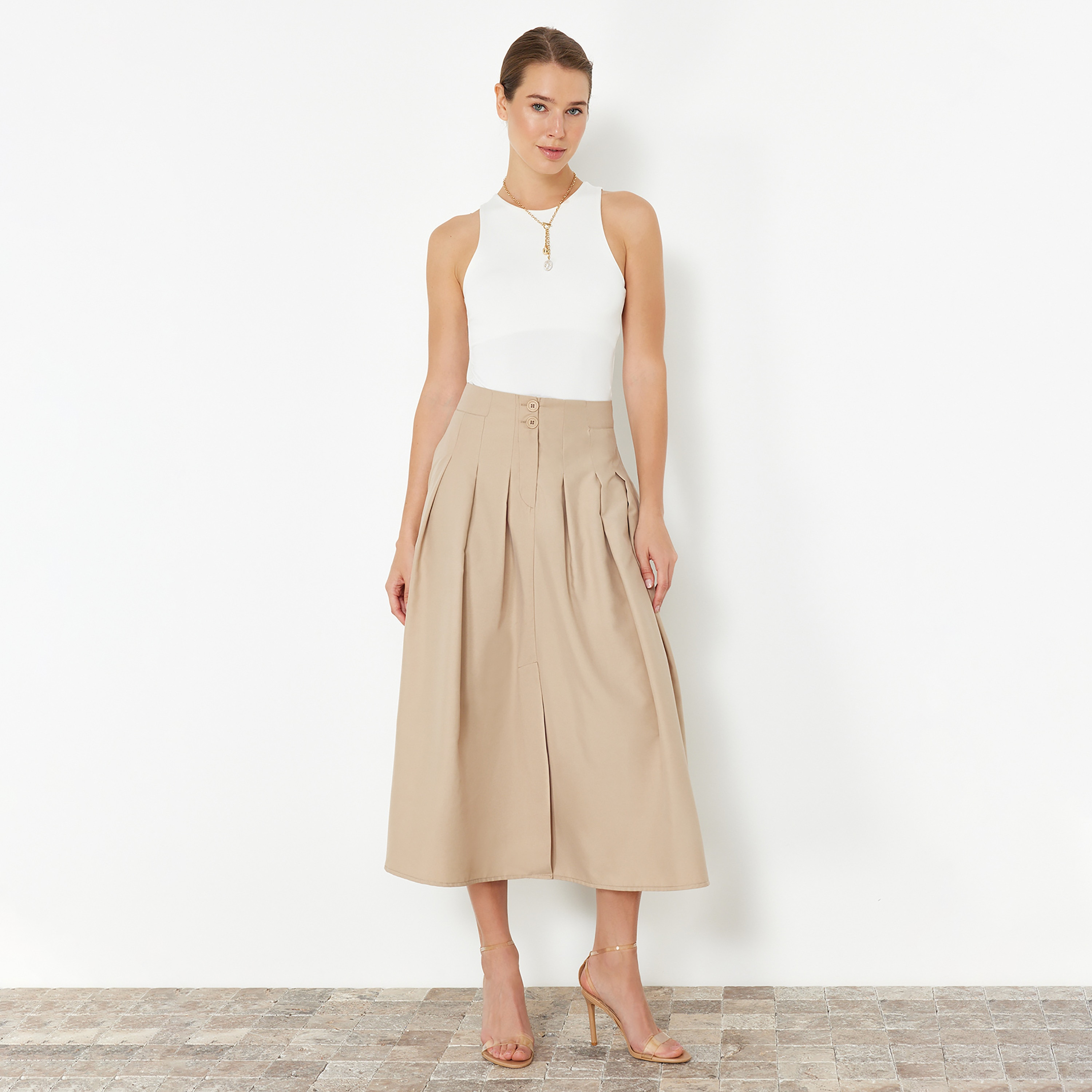 تنورة ميدي نسائية بيج واسعة-women-clothing-skirts-image-2