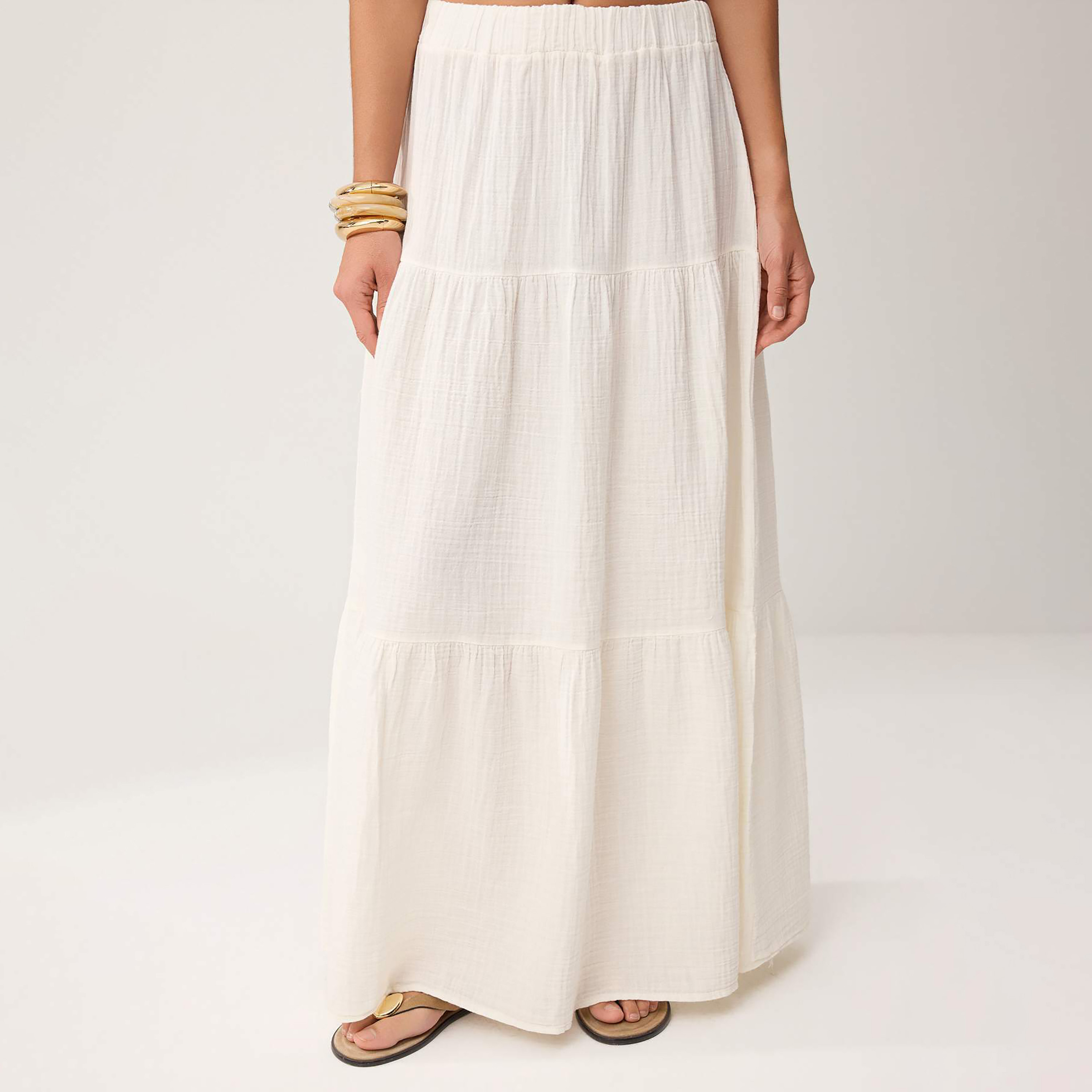 White Textured Cotton Muslin Tiered Women's Maxi Skirt-women-clothing-skirts-image-1